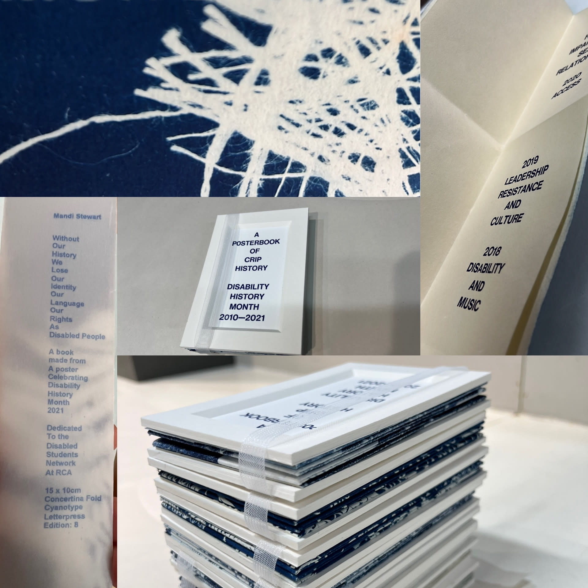 Disability History Month poster book. Made from cyanotype of disability arts slogans and collaged material in blue and white.