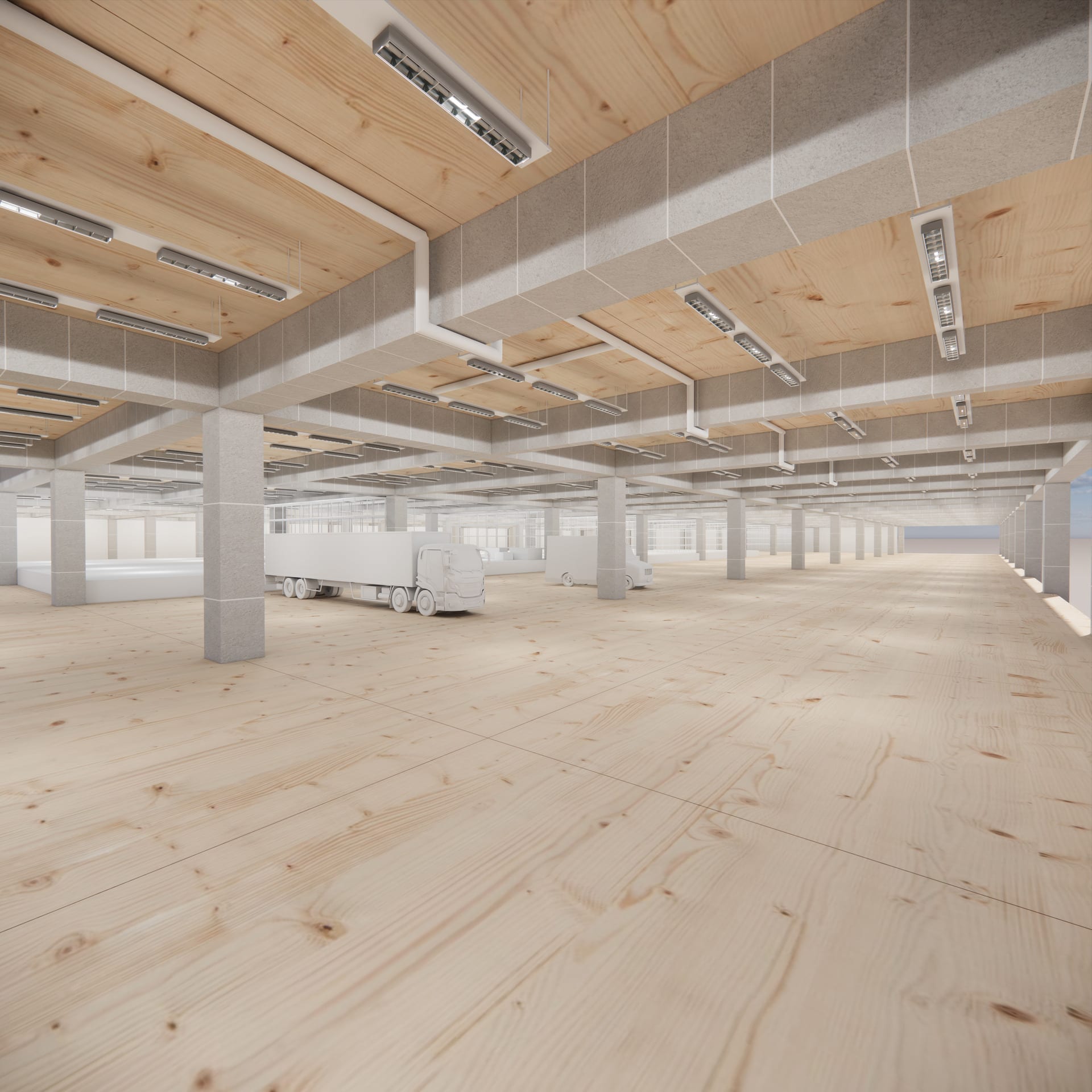 Upper floor operations with less stringent requirements and flexible space to goods storage or vehicle parking