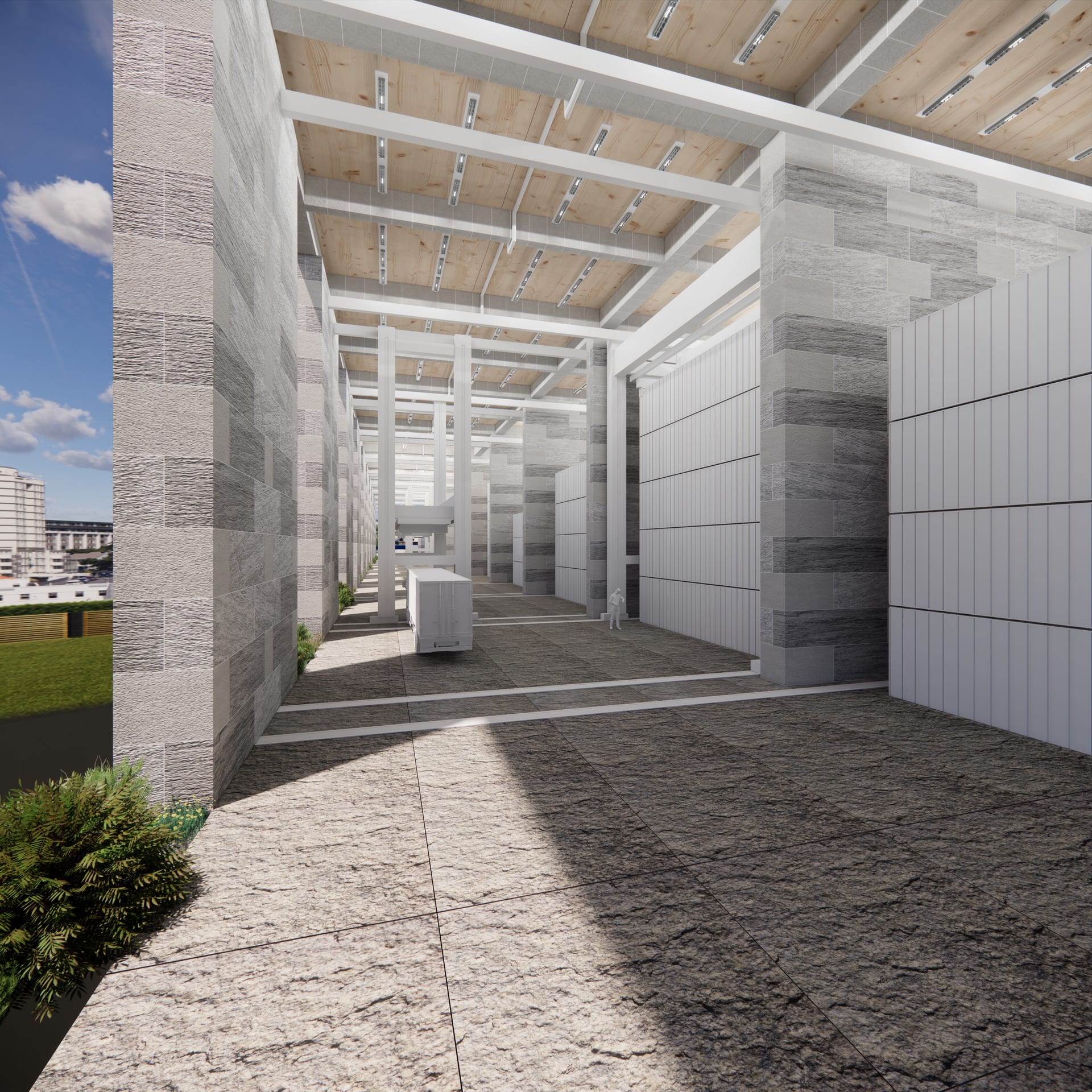 Ground floor operation with high headroom for shipping containers 