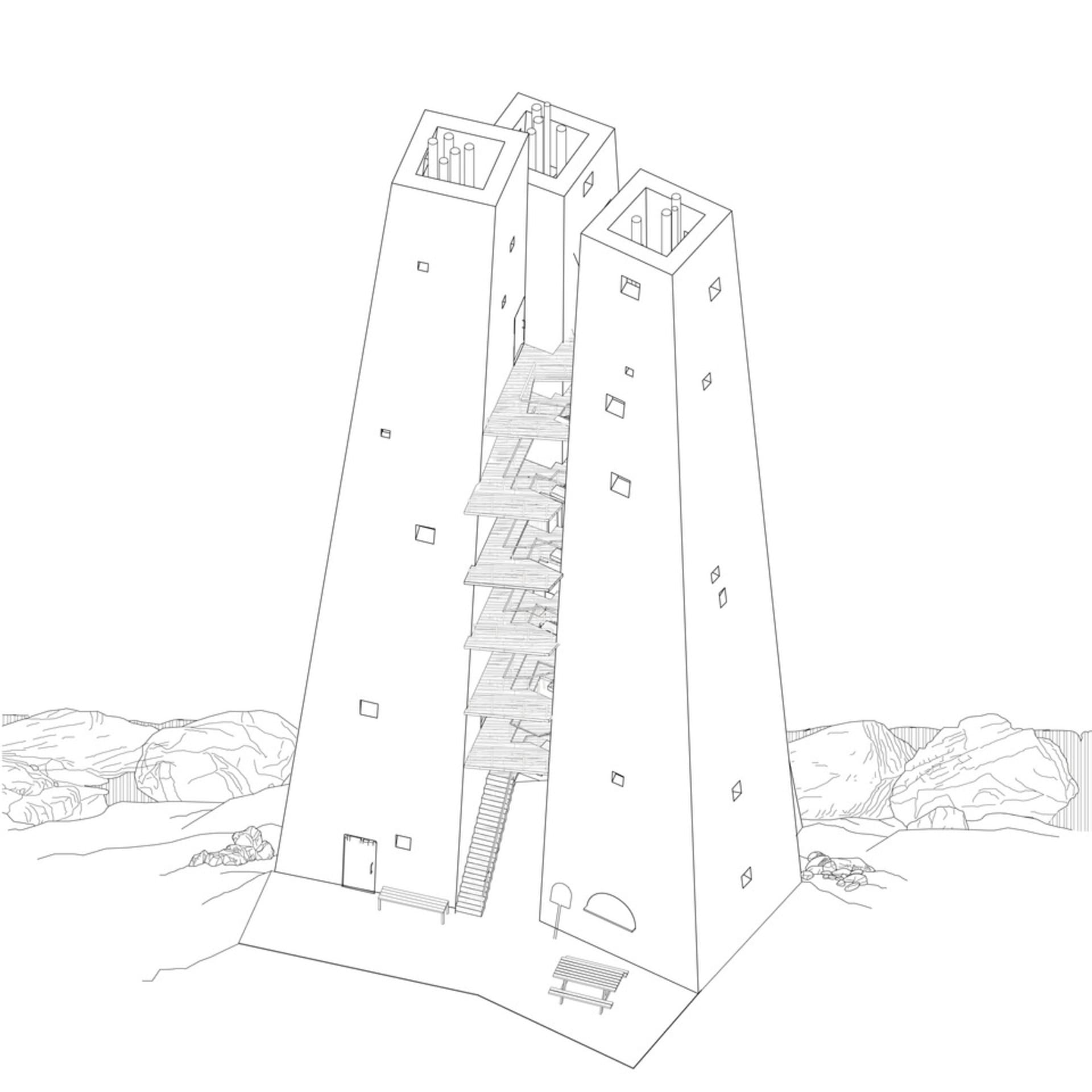 Axonometric drawing of a typical cluster of towers