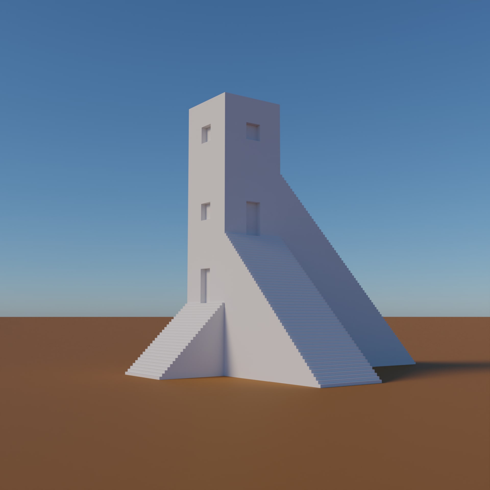 A recreation of Not Vital's sculpture in 3D. A tall rectangular building with 3 large staircases in an empty landscape.. 