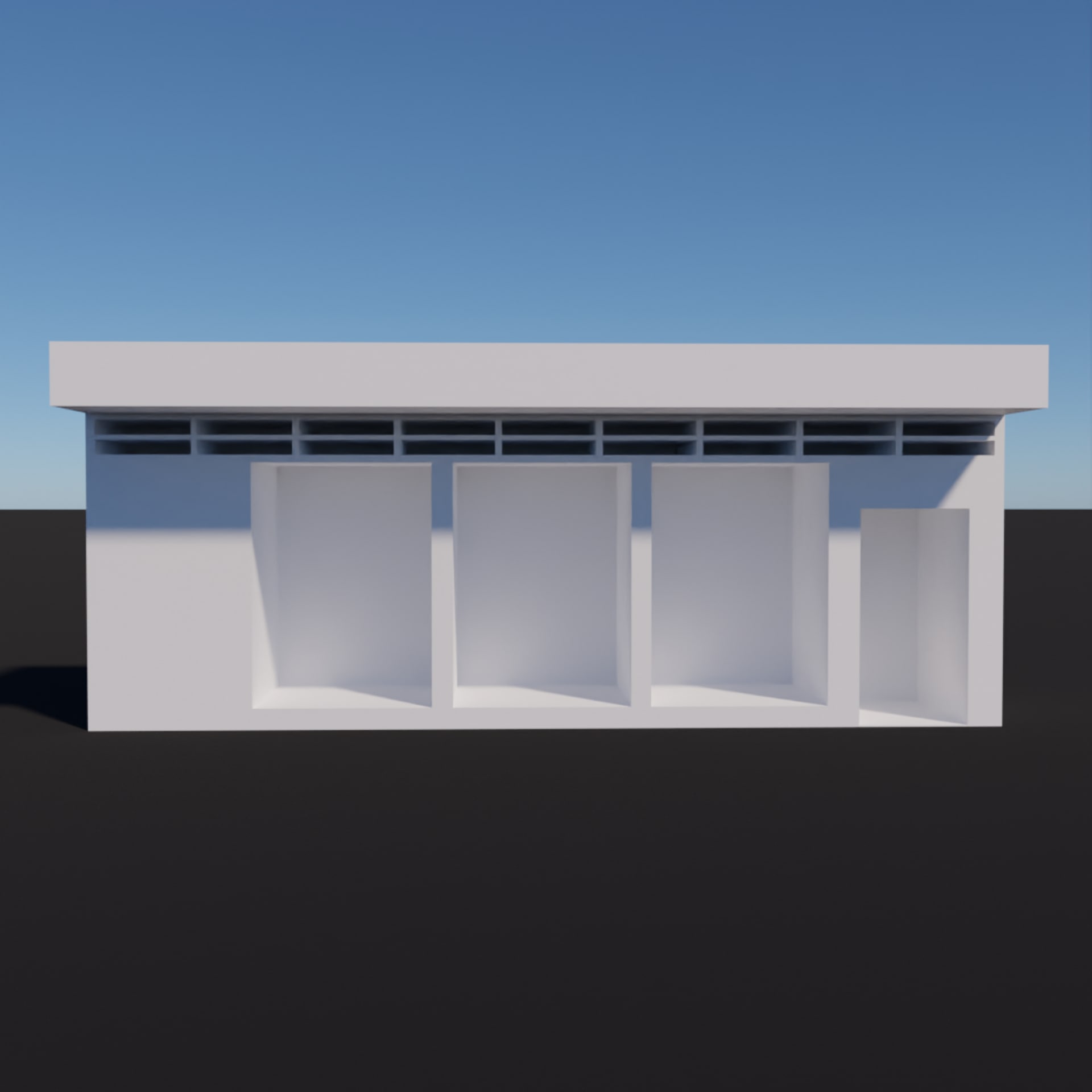 A 3D rendering of a building resembling a store front in an empty landscape.