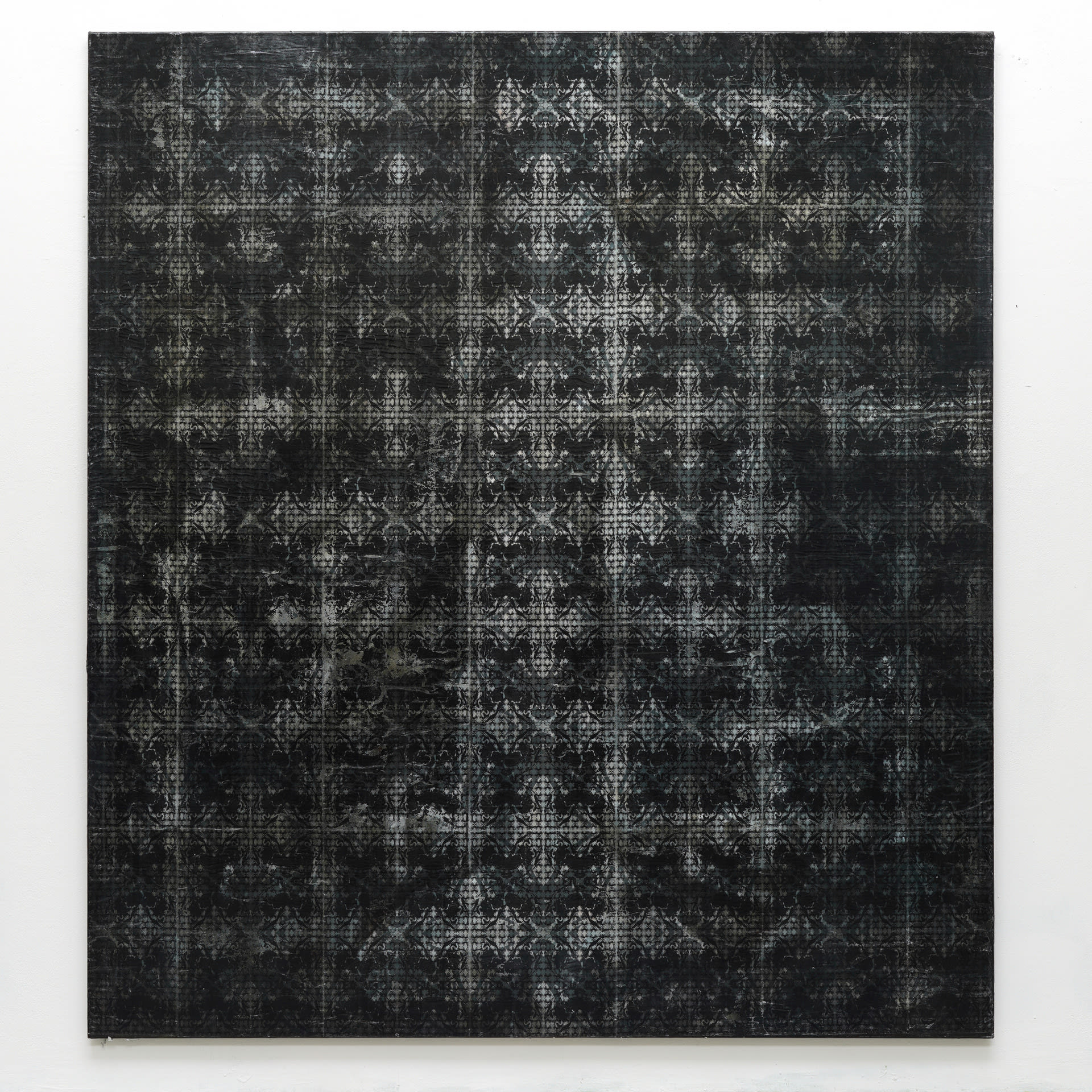 An intricate monochromatic patterned grid layered on an irregular acrylic ground.