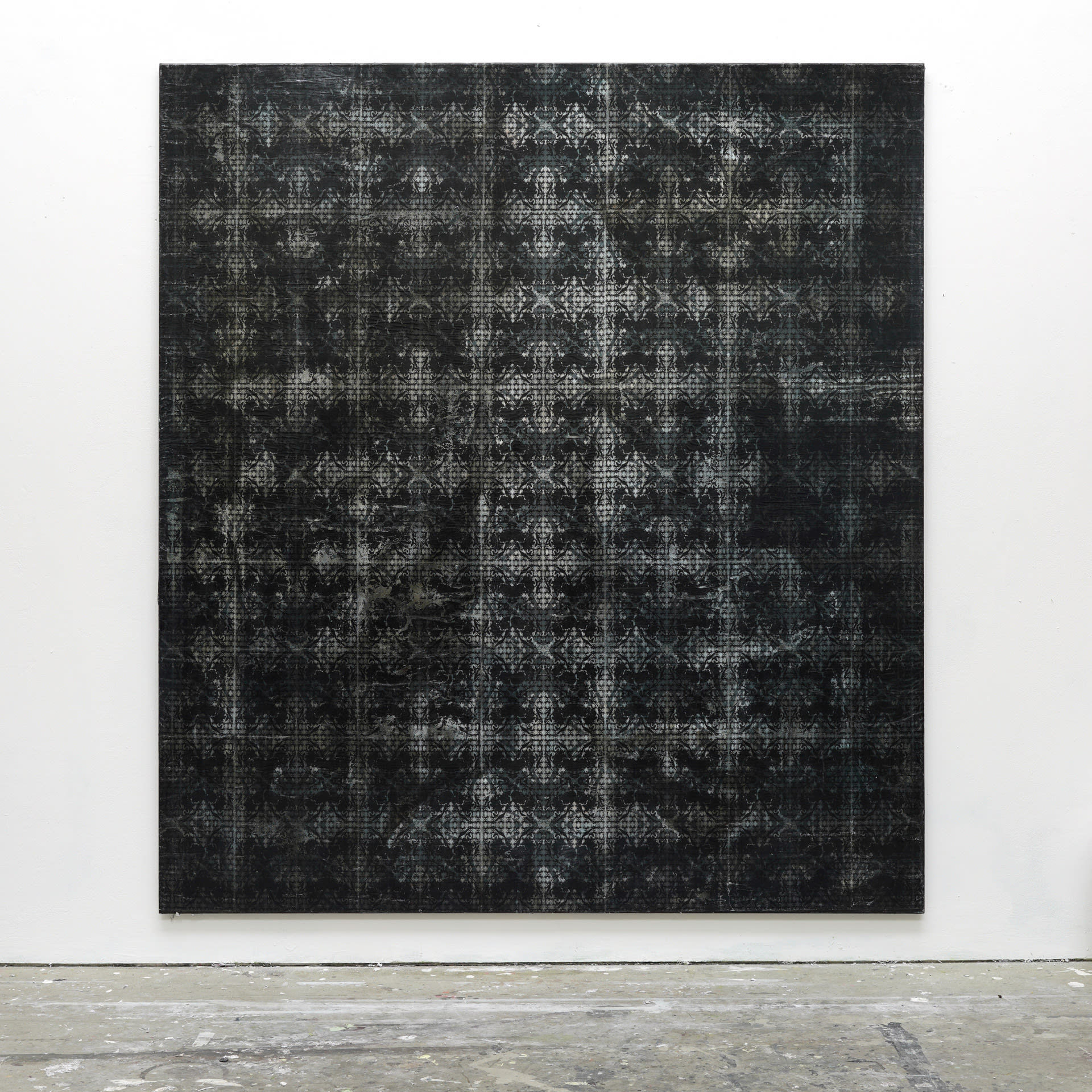 An intricate monochromatic patterned grid layered on an irregular acrylic ground.