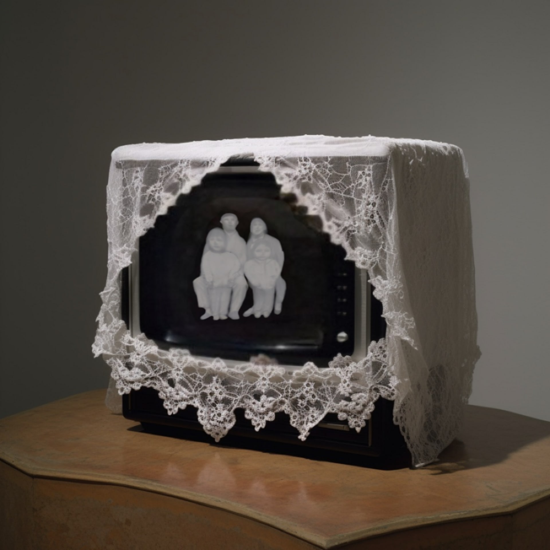 An old tv with lace cover