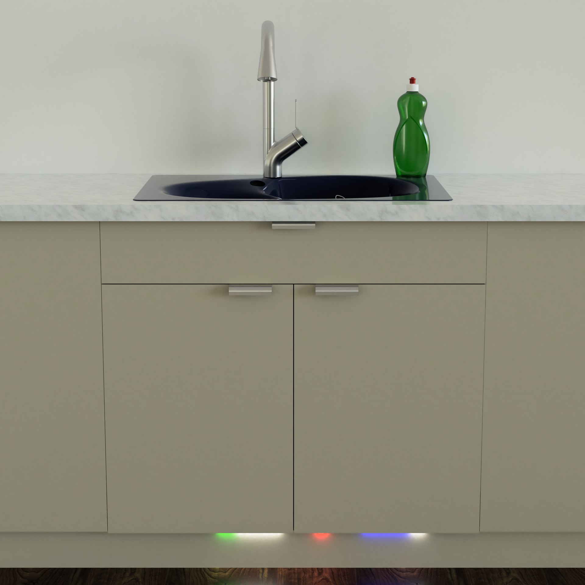 Close up of the BALEEN sink with sink cupboard closed, showing just lights underneath.