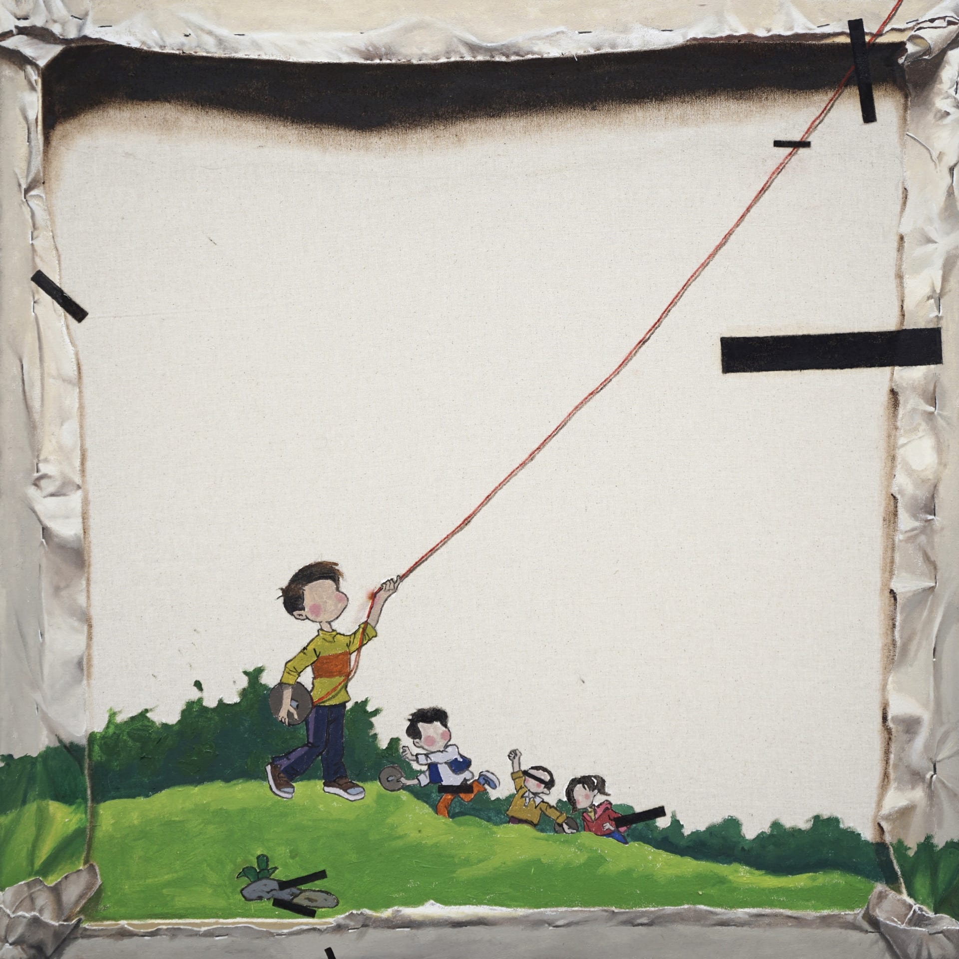 a trompe l'oeil painting of a back of a canvas and some childlike illustrations