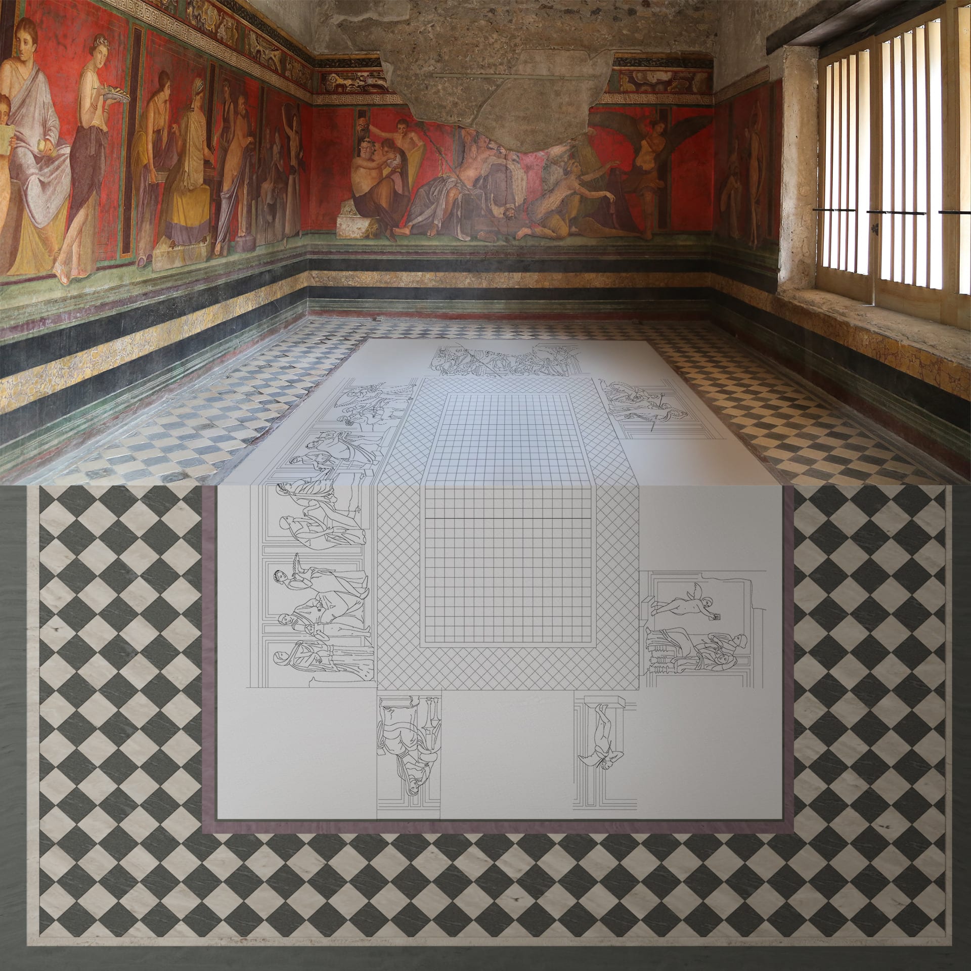 Site image of the Villa of Mysteries with an illustration of the fresco detail drawn onto the floor of the room.