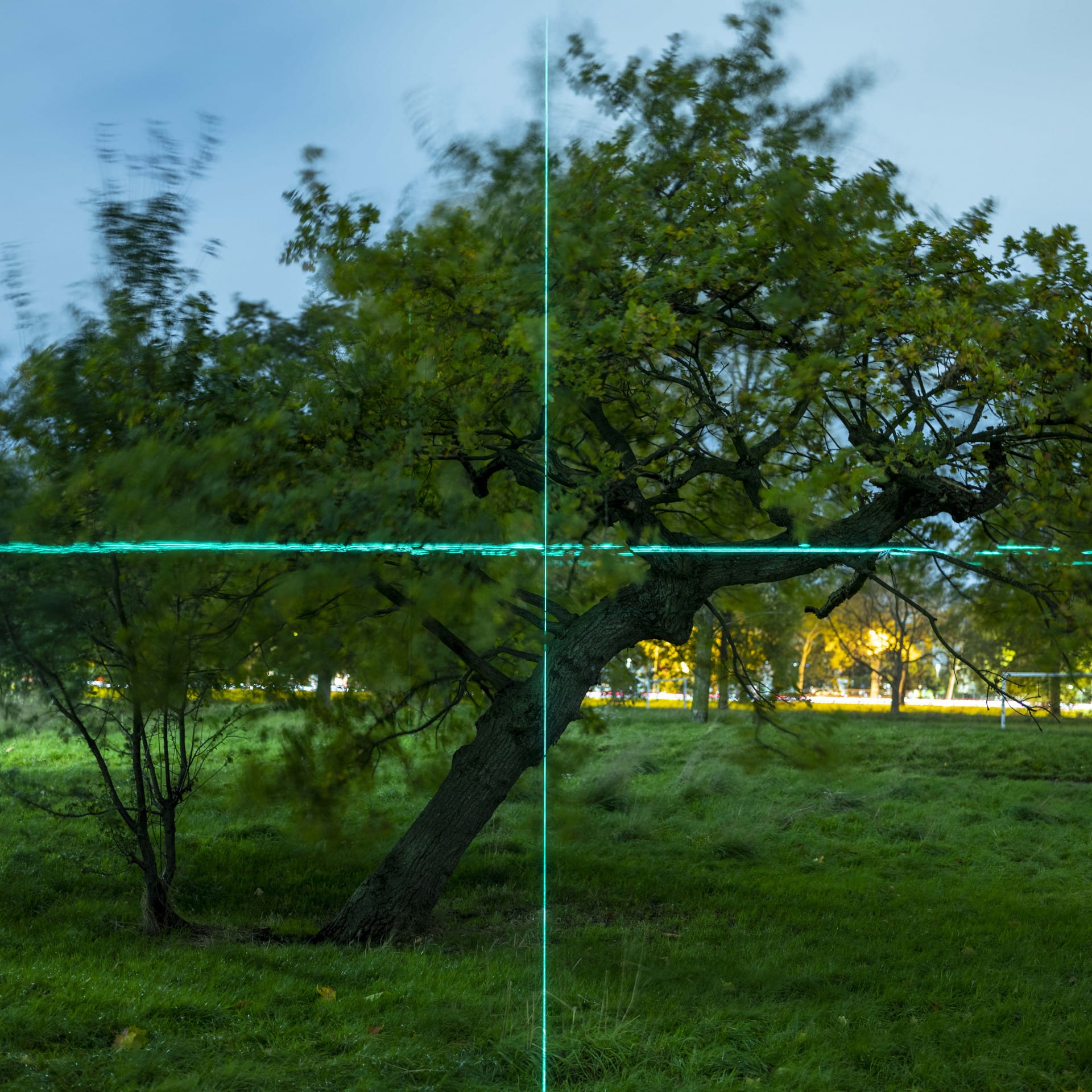 Green cross laser projection on a tree at night