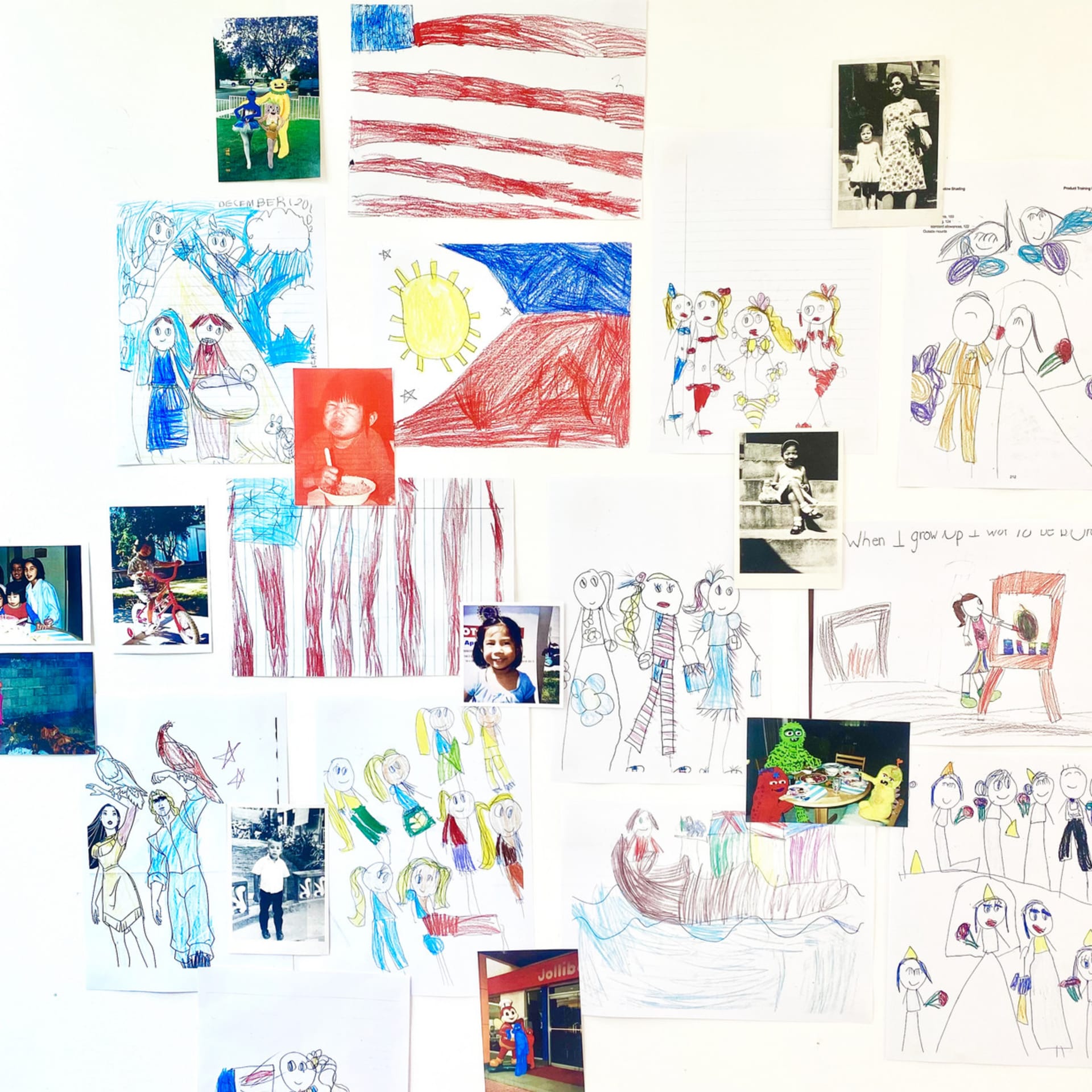 The image shows Crysta's childhood drawings from 2002 and family photos. 