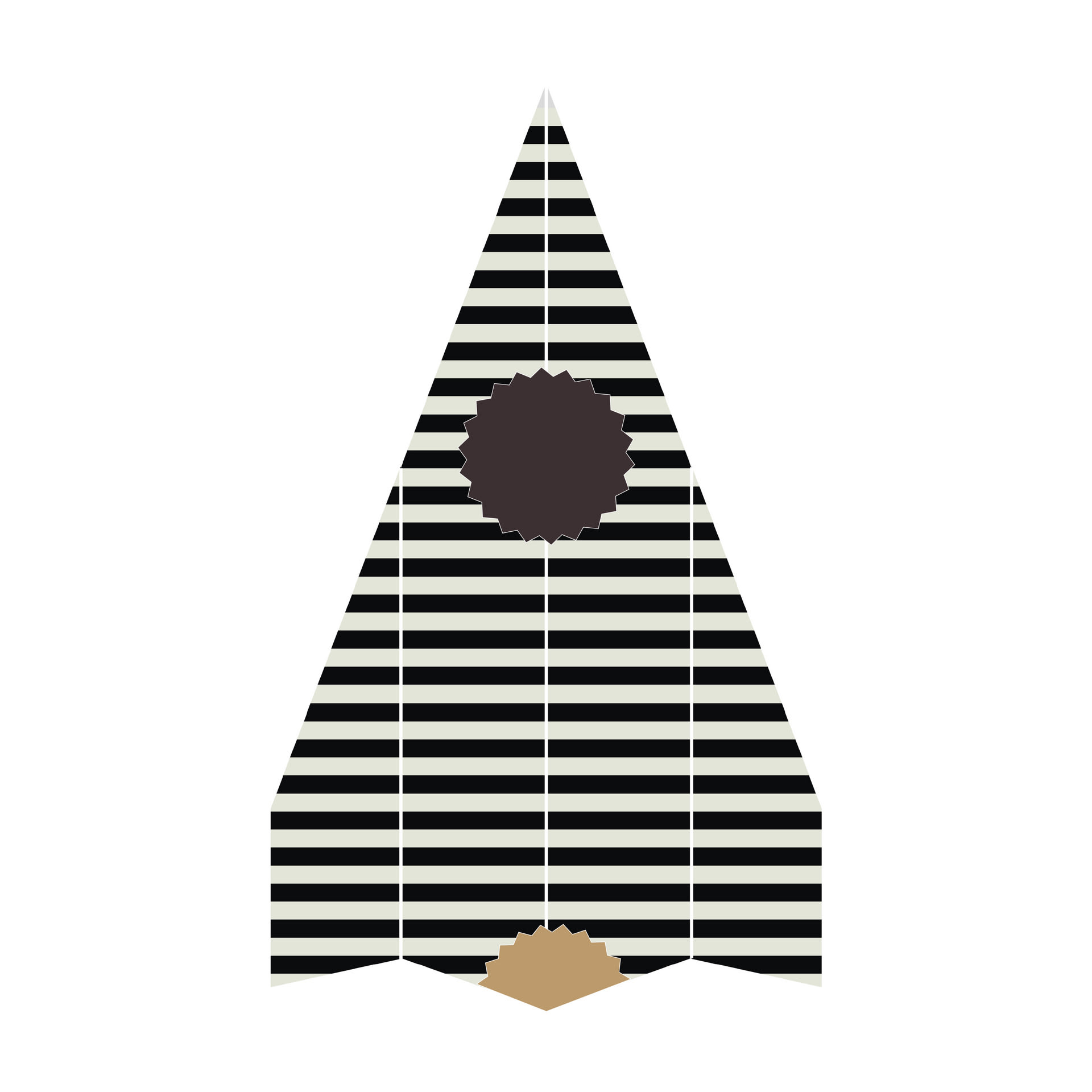 The back view of the digital version of a black and white striped paper airplane. There are two star shape stickers featured.