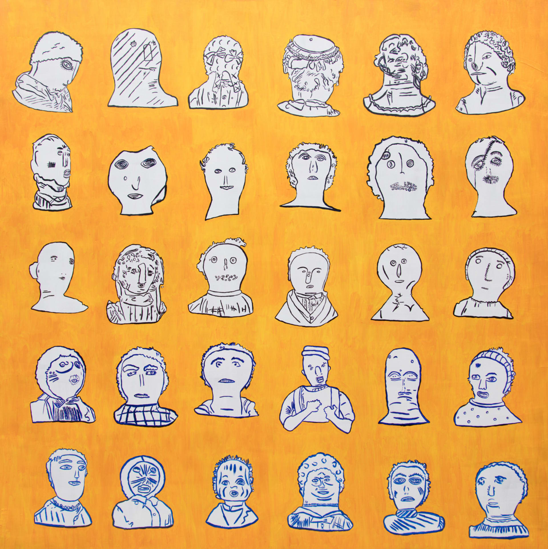 Dolls faces outlined in blue with Indian Yellow background and white interior. Oil and Gesso on Linen 200 x 200 cm 2024