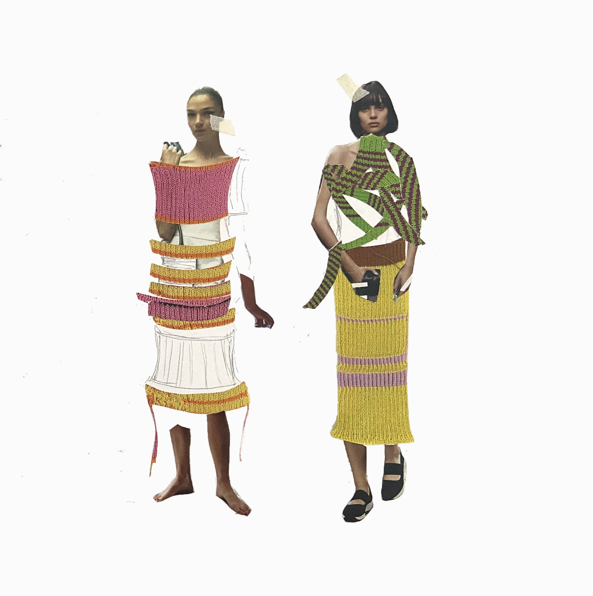 Two fashion illustrations using collage from the stripe knitted samples.