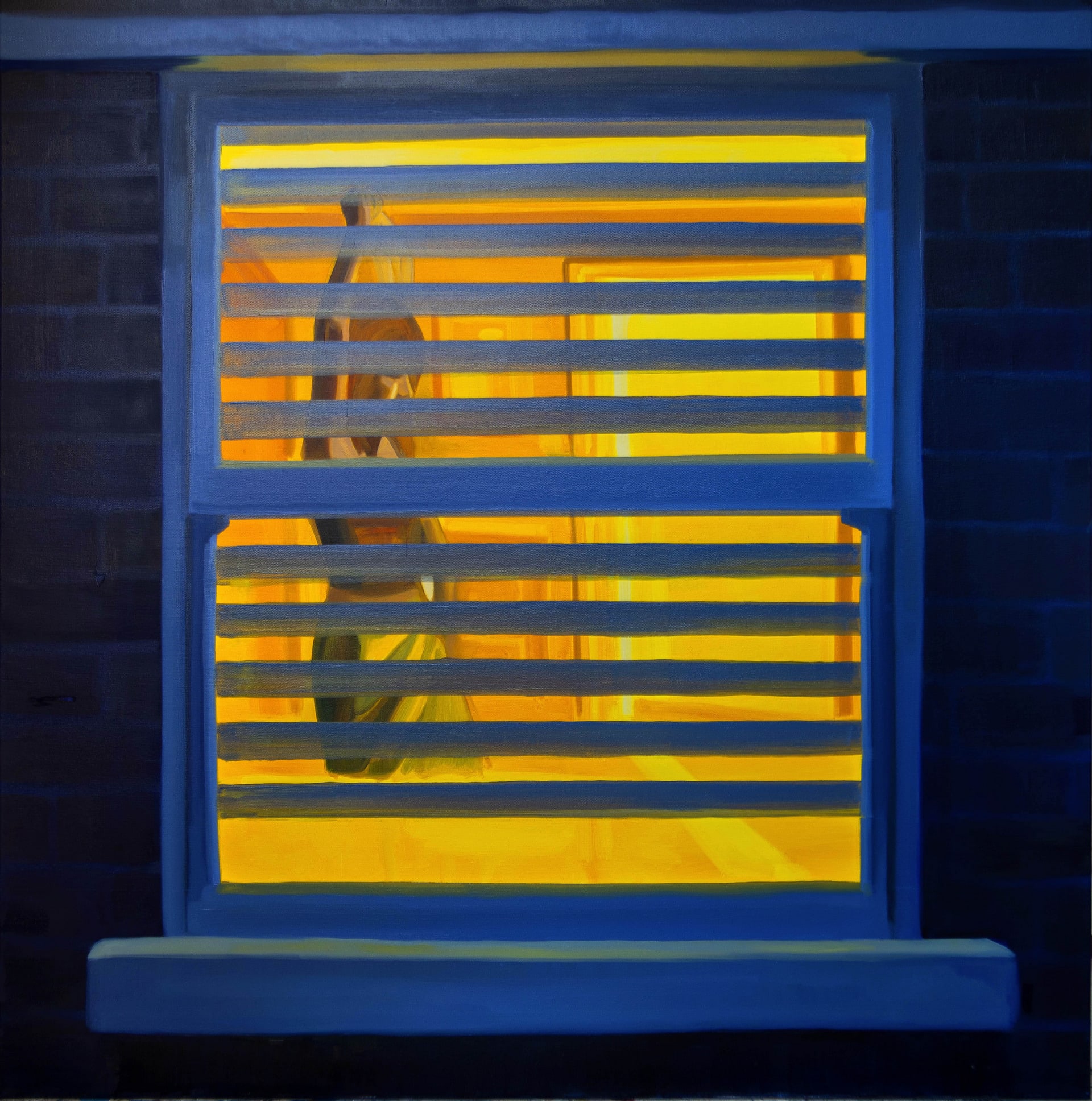 A blue exterior with a window in the centre and roman blinds. A figure inside in yellow light. 