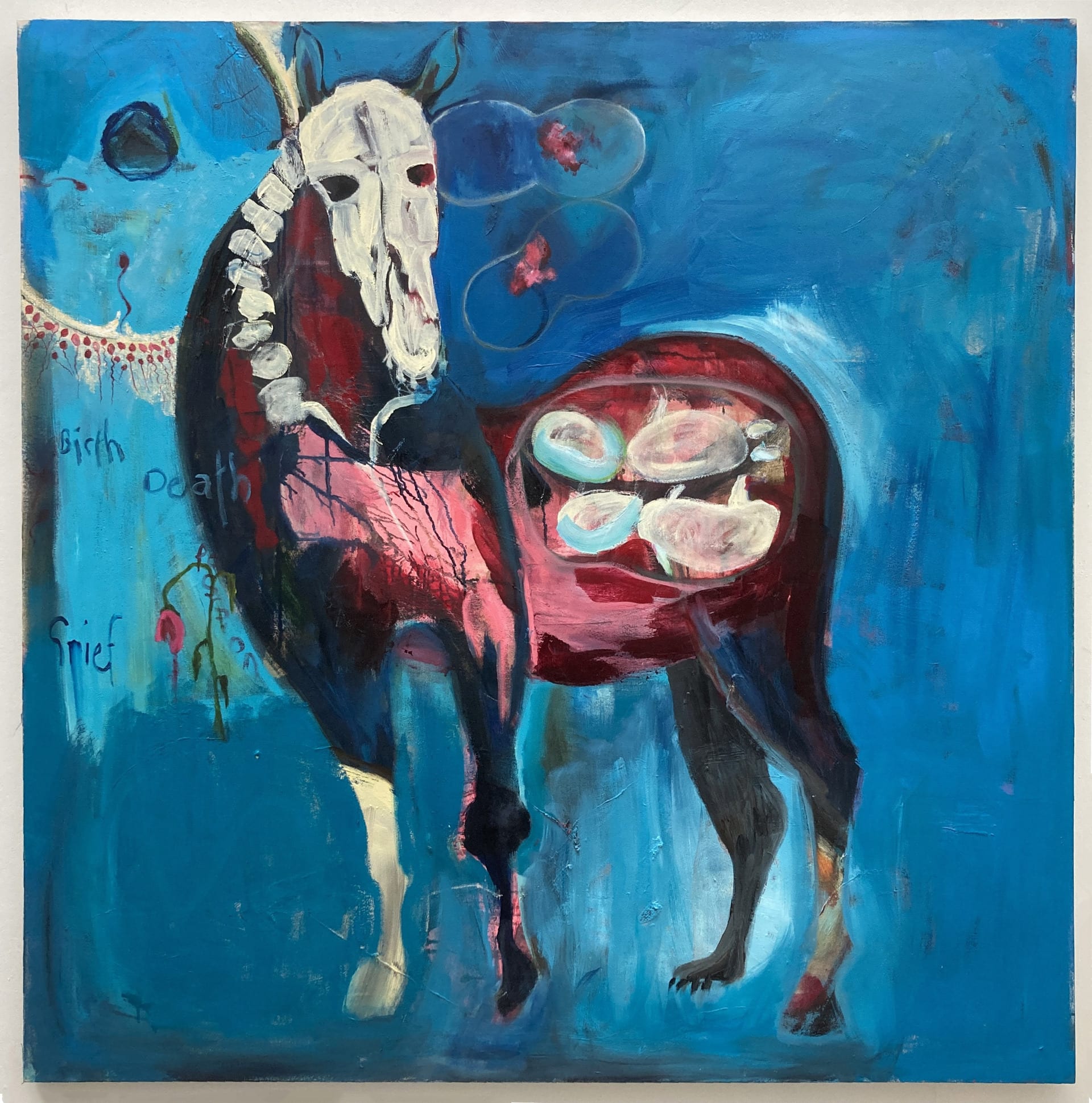 abstracted horse with skull in blue background with embryonic twins in utero