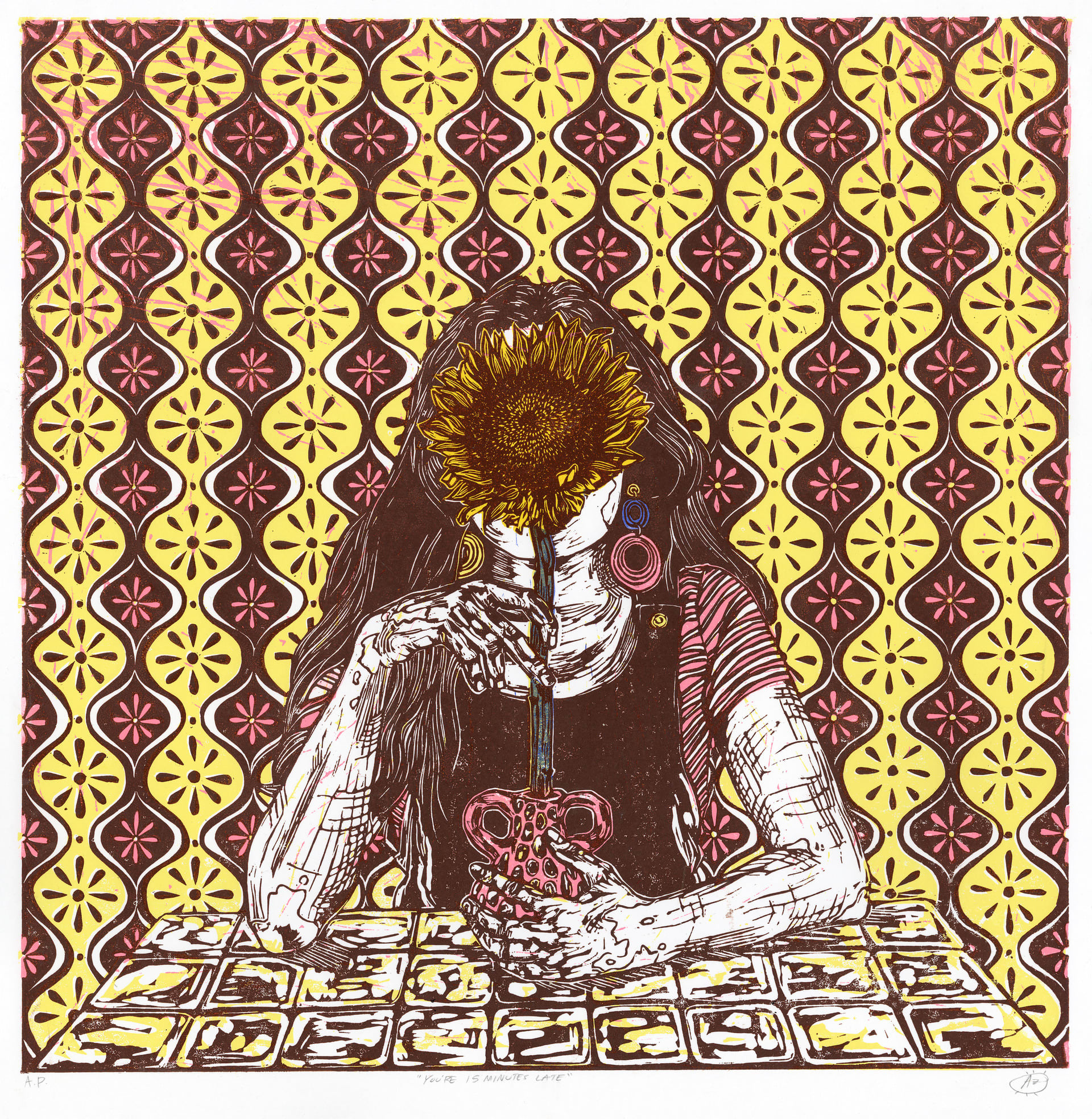 printed four color image with a woman holding a sunflower sat in the middle. 