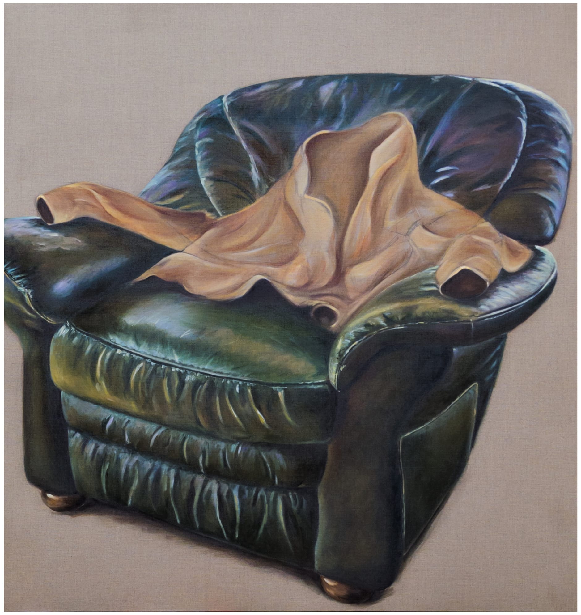 This oil painting on linen shows a green leather armchair where a empty, ghostlike jacket rests on the chair.