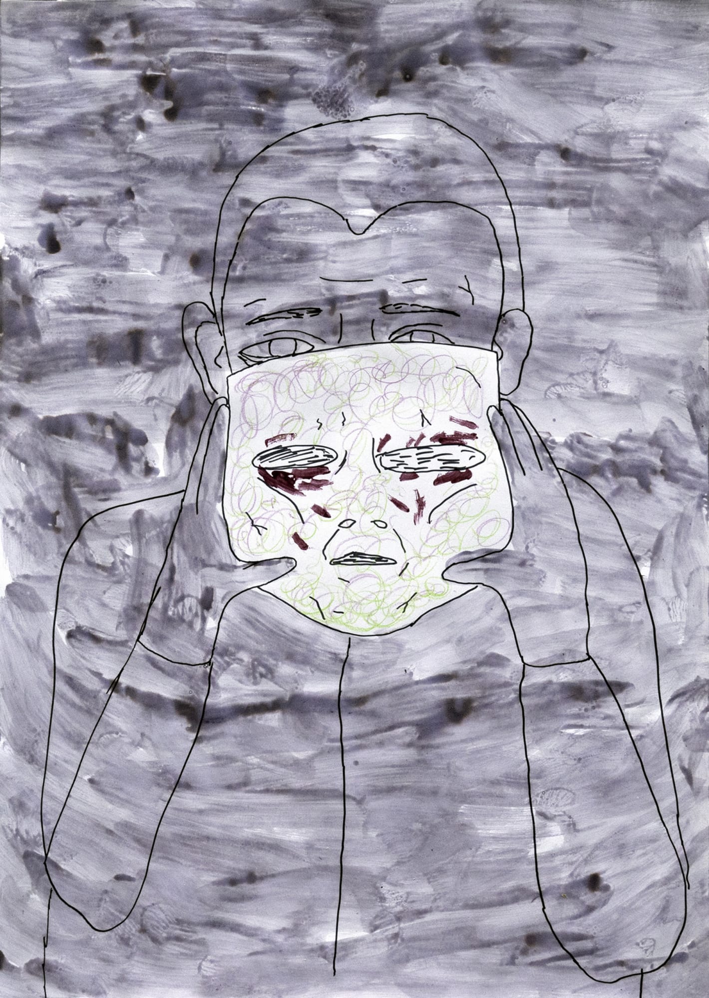 drawing of a man holding a mask 