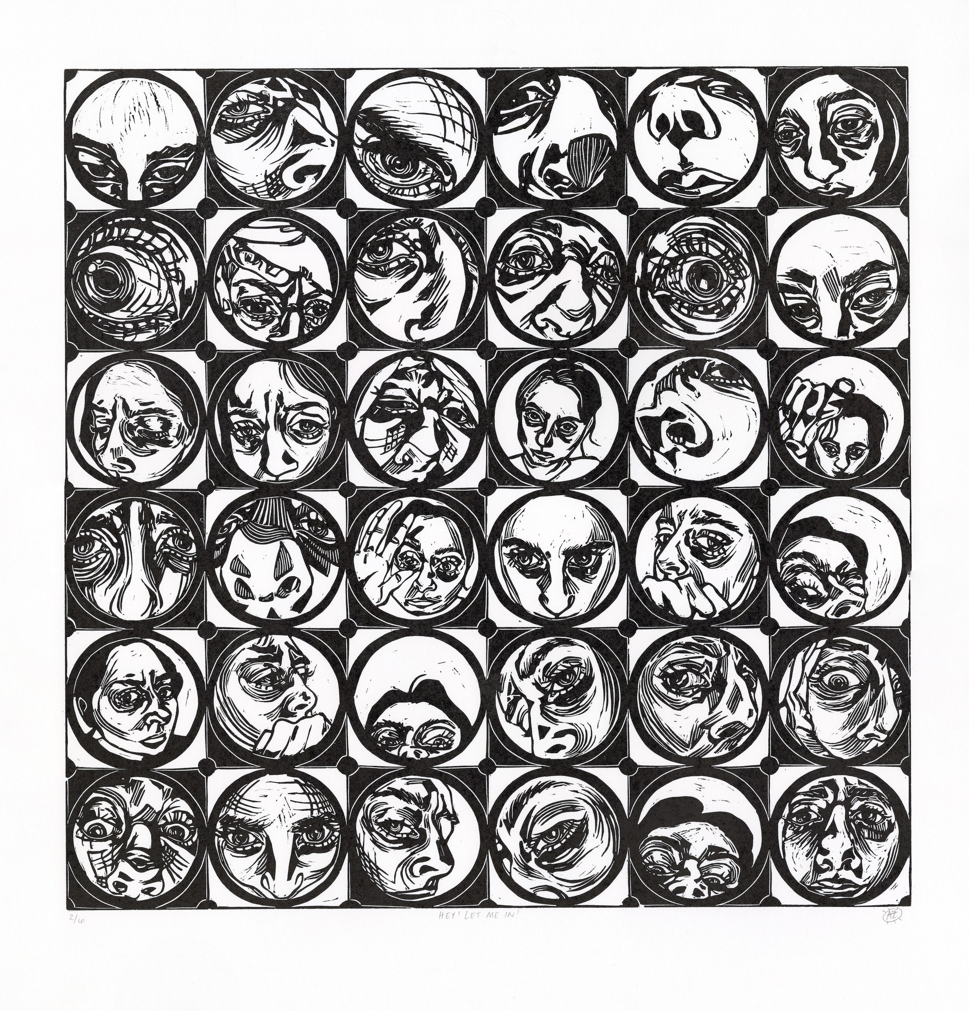 36 squares of fish eye close up faces, black and white printed