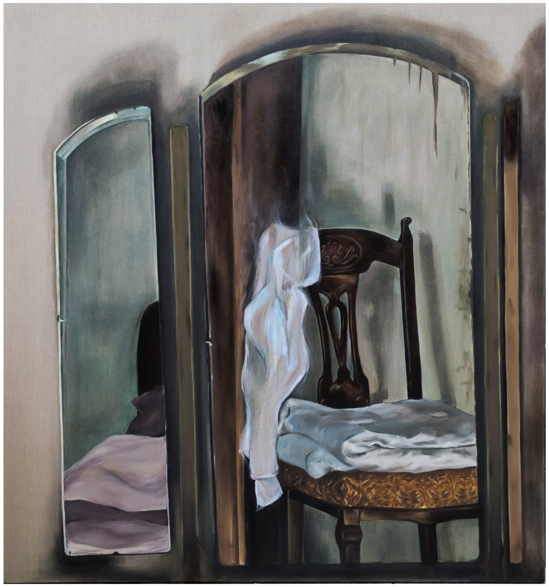 The oil painting on linen shows a three-part mirror whose reflection is a chair with a fading shirt hanging.