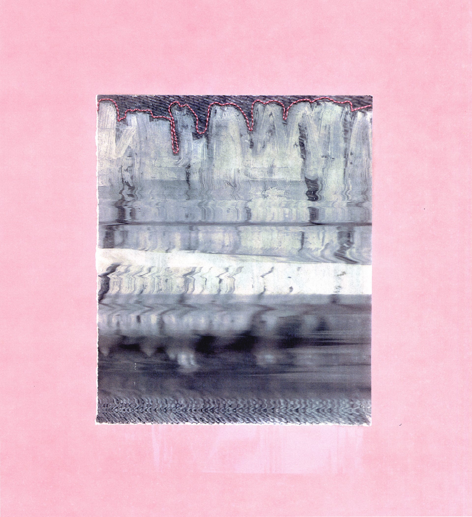 A scan of a grey jumper and white paint marks, collaged onto pink paper. Pink stitching outlines the white paint gestures