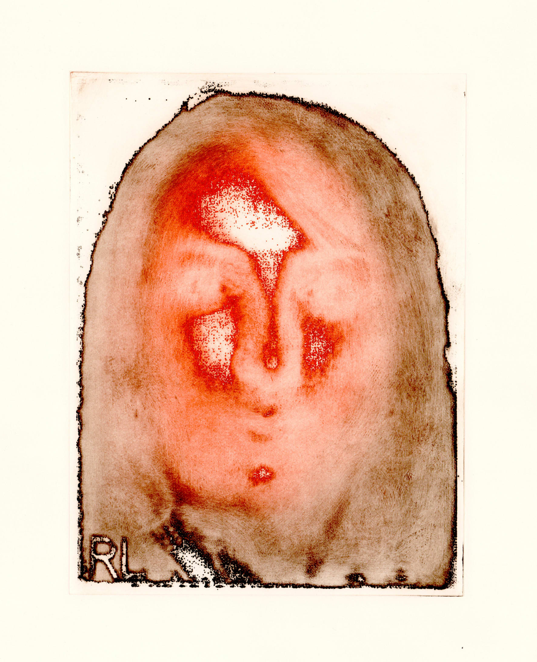 An eroded photo etching of a passport photo in Burnt Umber and Vermillion on soft white (cream) somerset velvet paper.