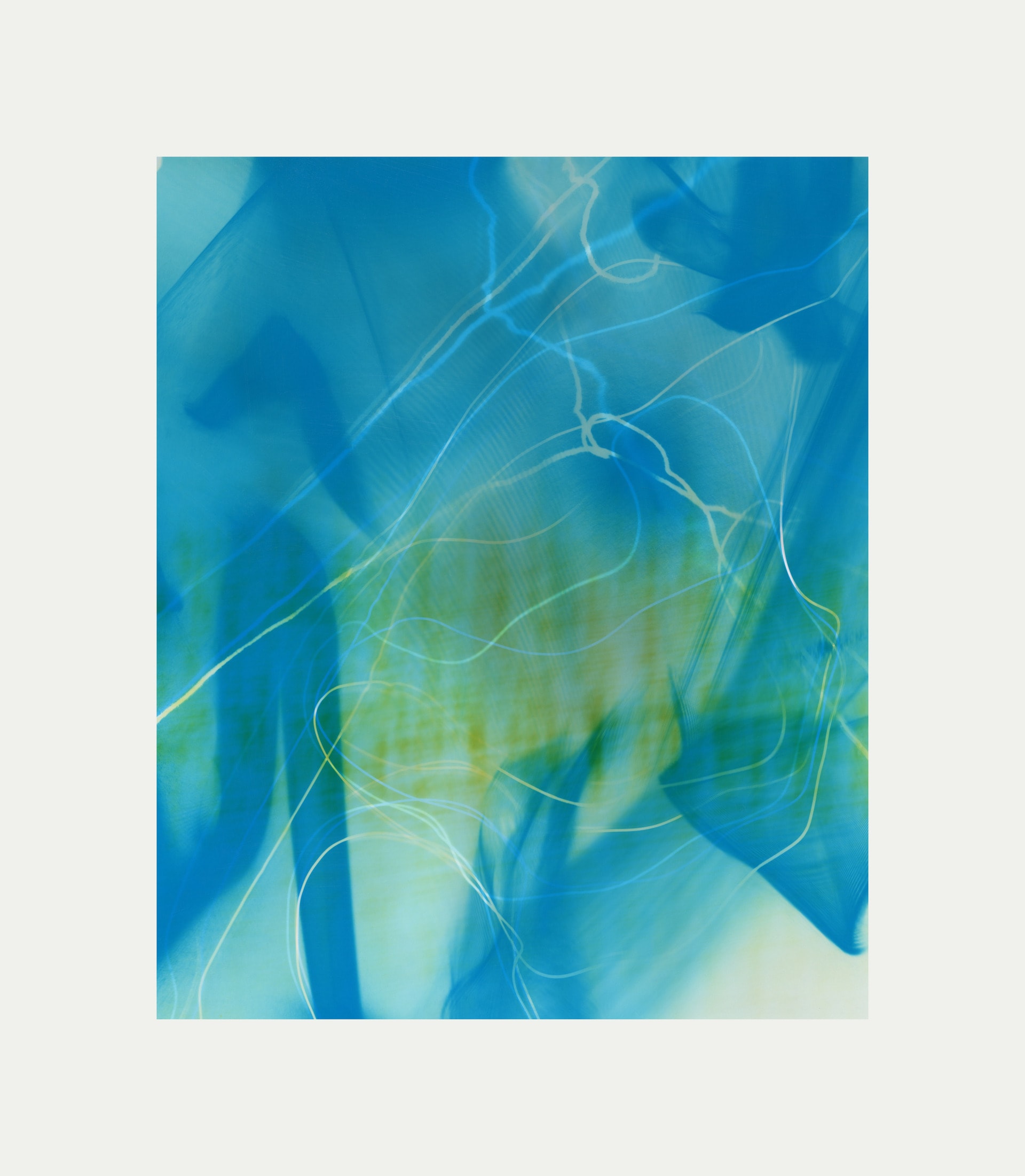  A deep blue photogram with a green form which looks like a sound wave, white and blue string assembly weaves through