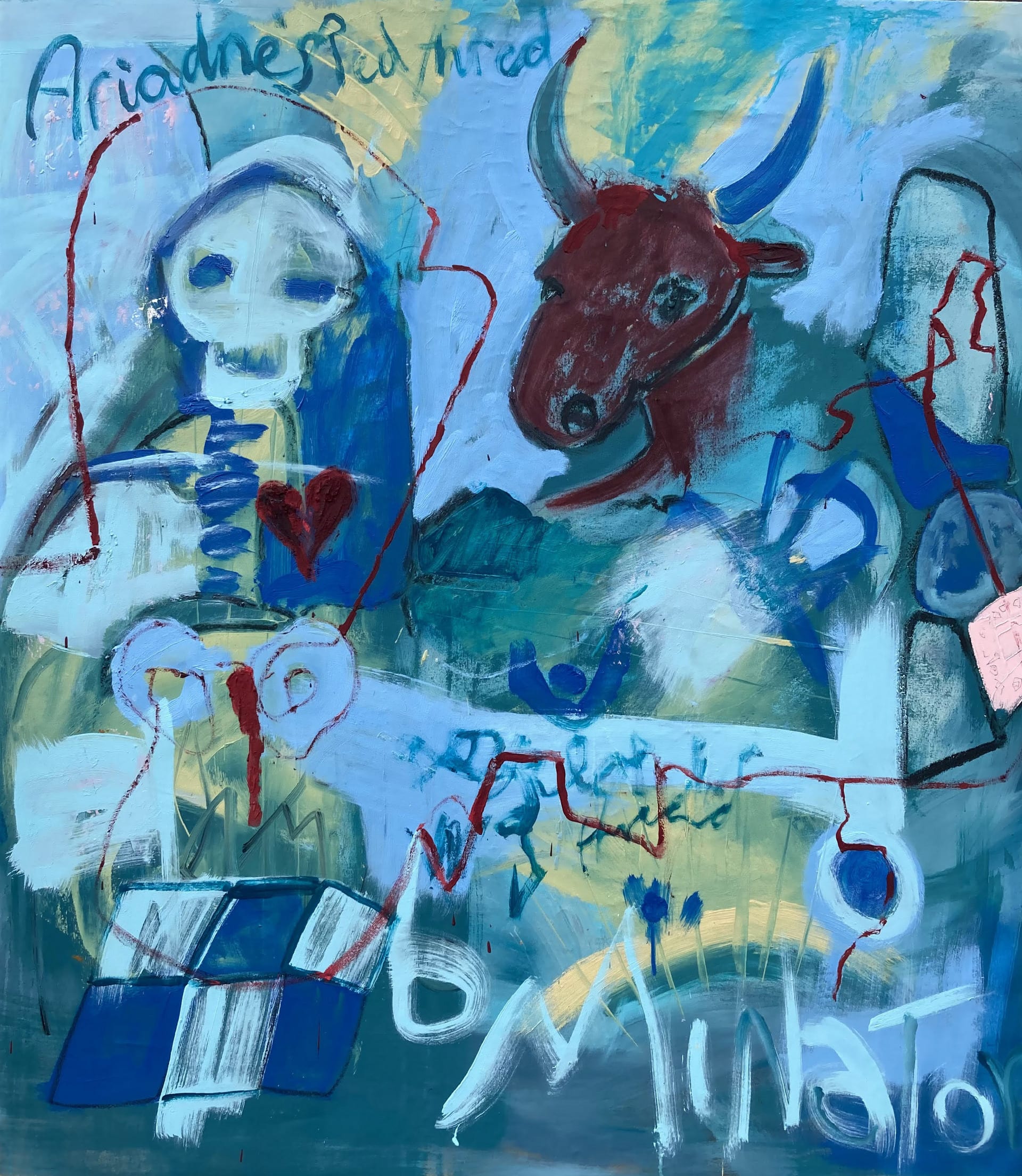 Minotaur head in Blue with Skeleton Figured red line all the way through