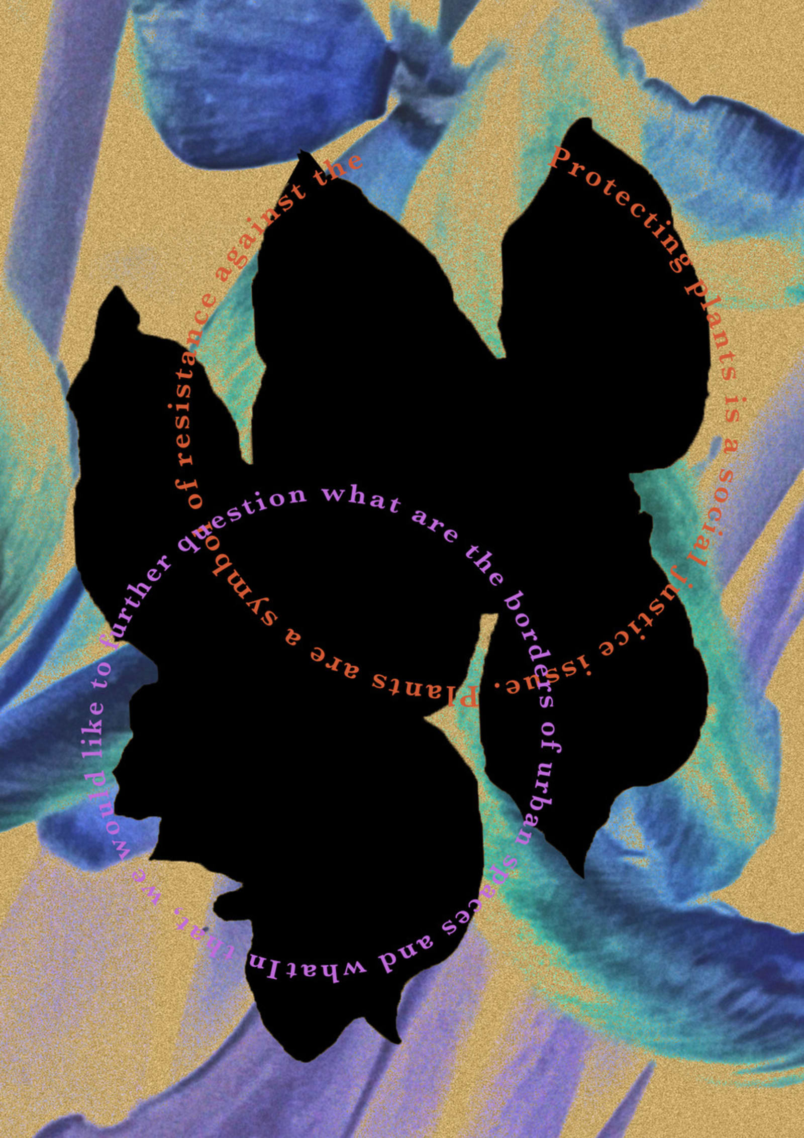 Page with a background of a photograph, a black cut-out of a flower, and a text that relates to protecting plants.