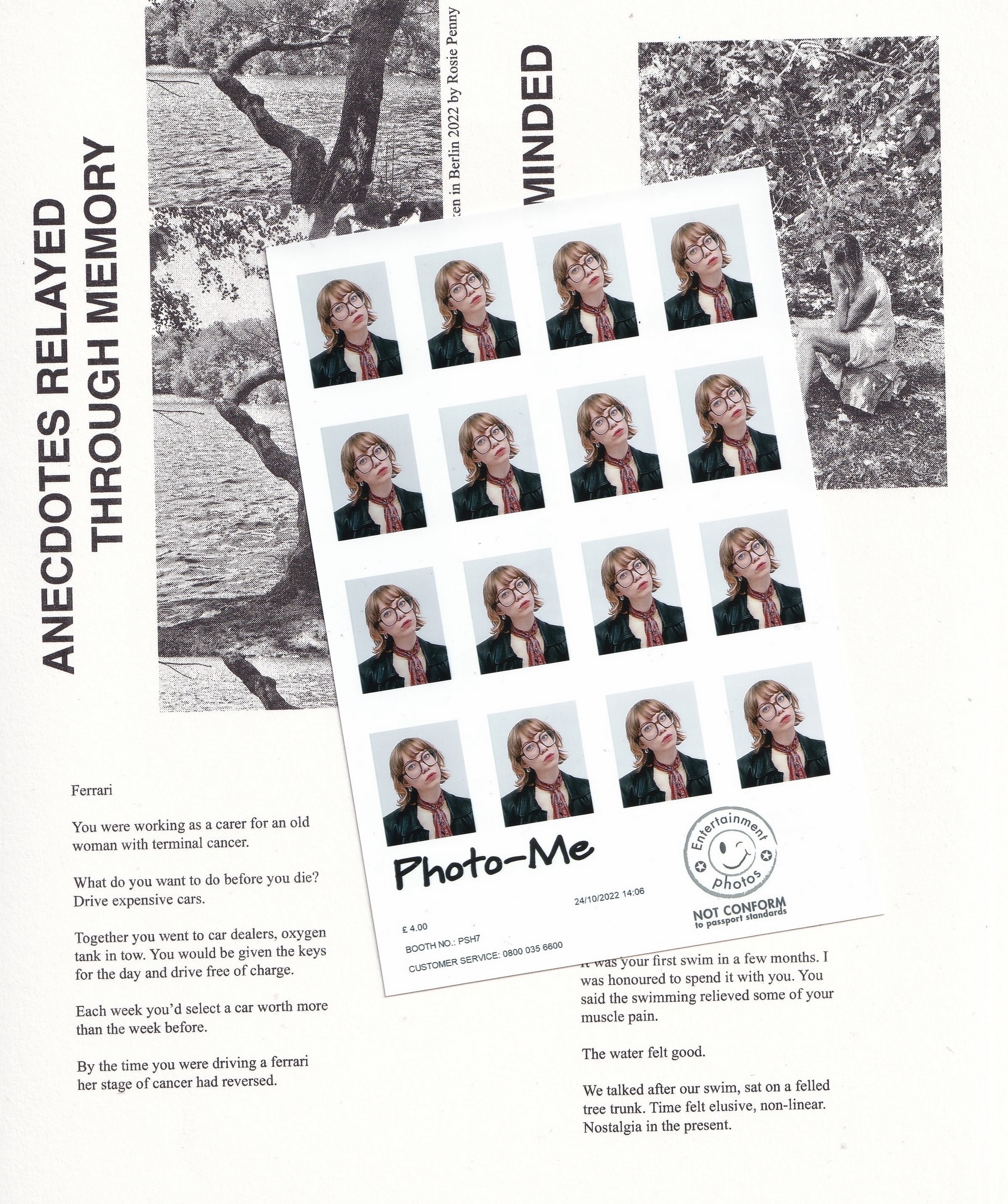 A scan of the zine before construction with passport images of author laid on top.