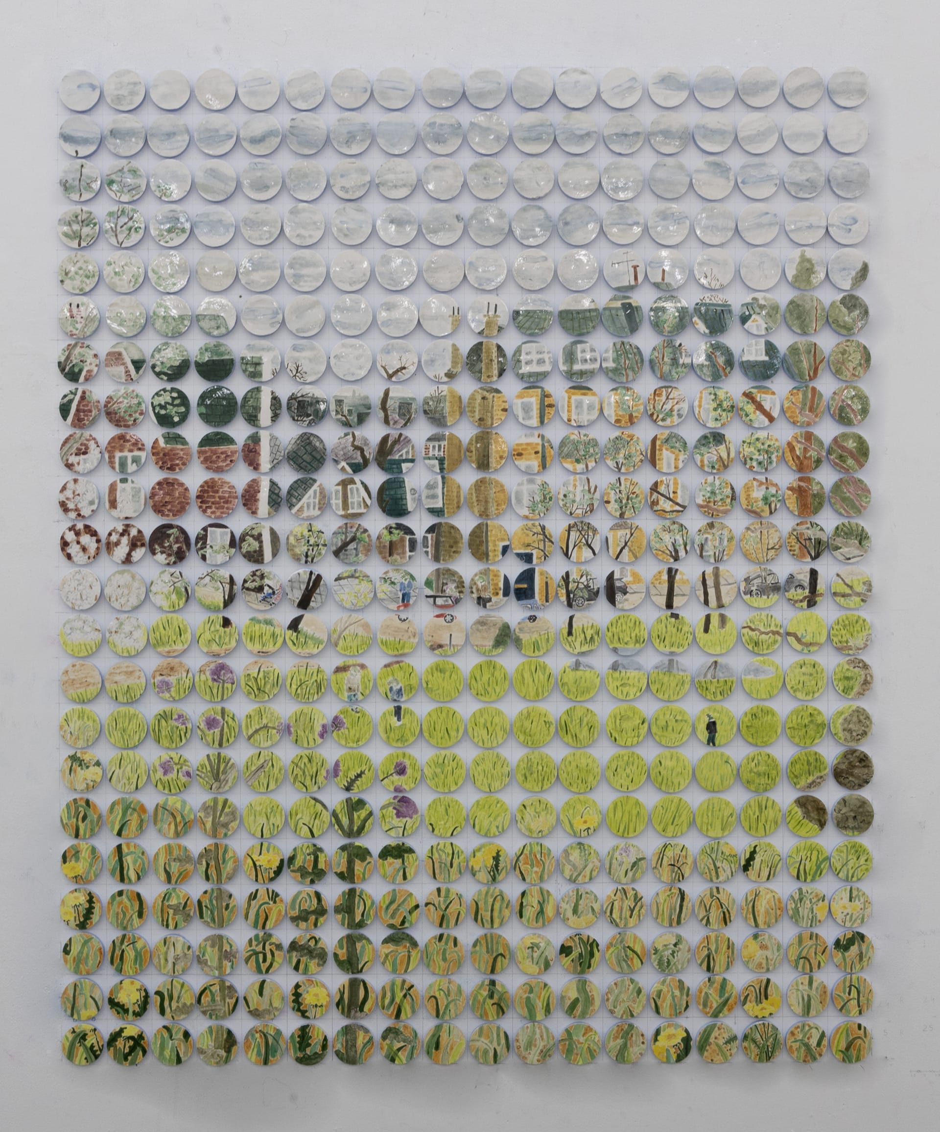 396 9cm ceramic dots painted and gridded onto the wall. 