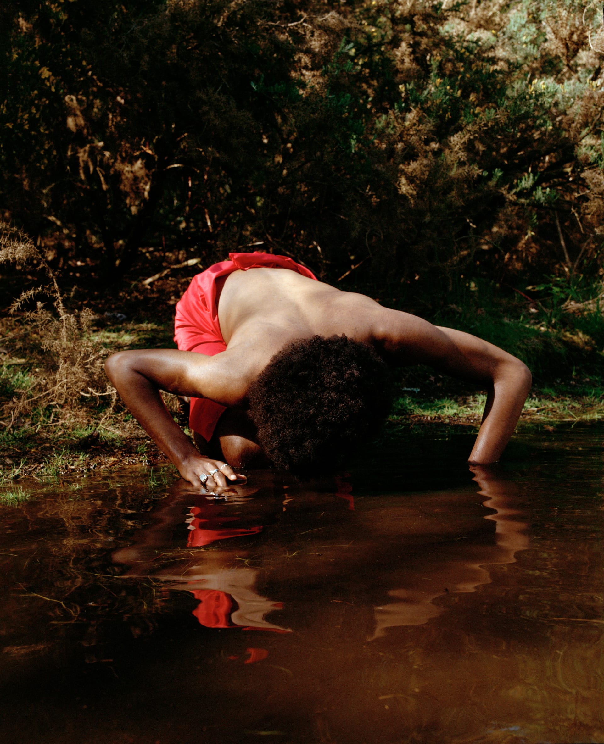  picture of man looking at his reflection on water 