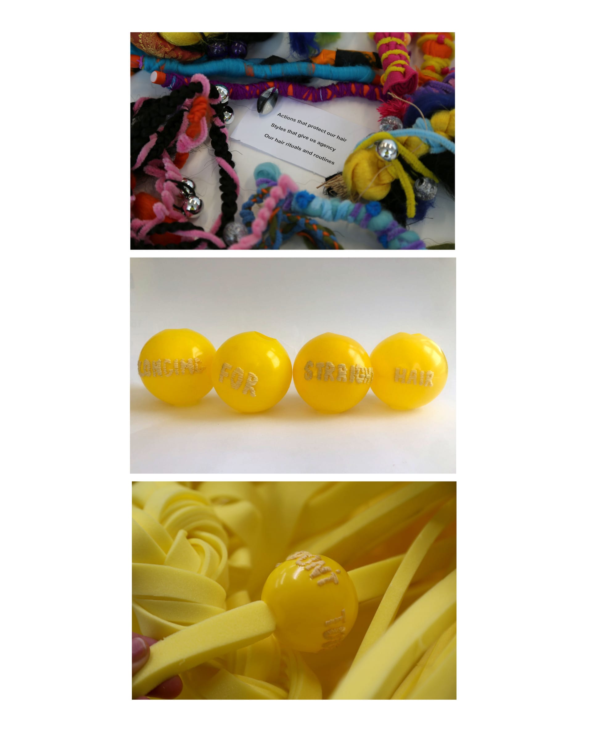 Images of workshop objects and embroidered yellow beads with cream reading longing for straight hair 