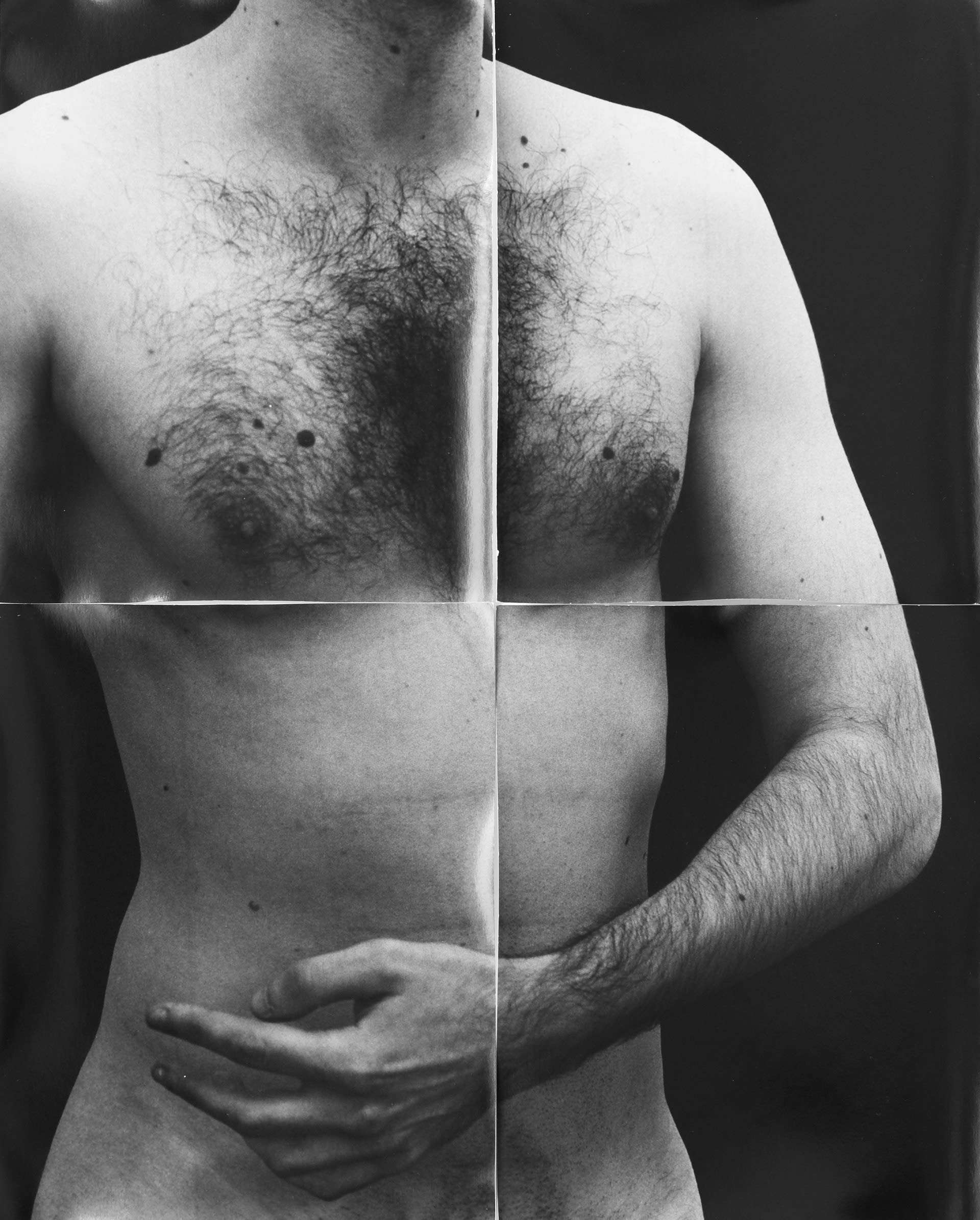 Collage made of four pieces of paper showing a torso with chest hair