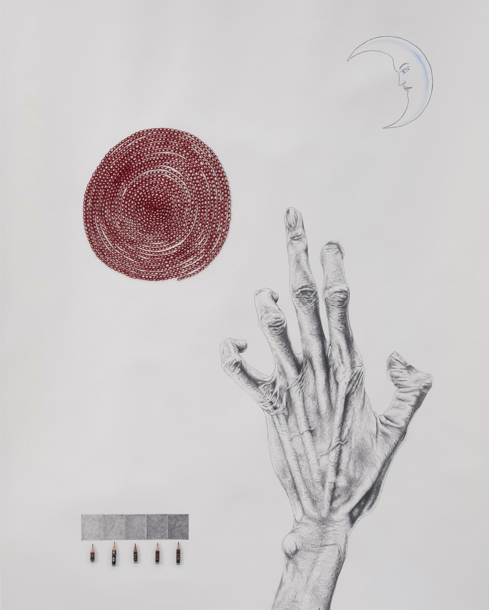 Drawing of a tense hand with red chain-stiched sun, print of "morir por lo invisible" and a moon