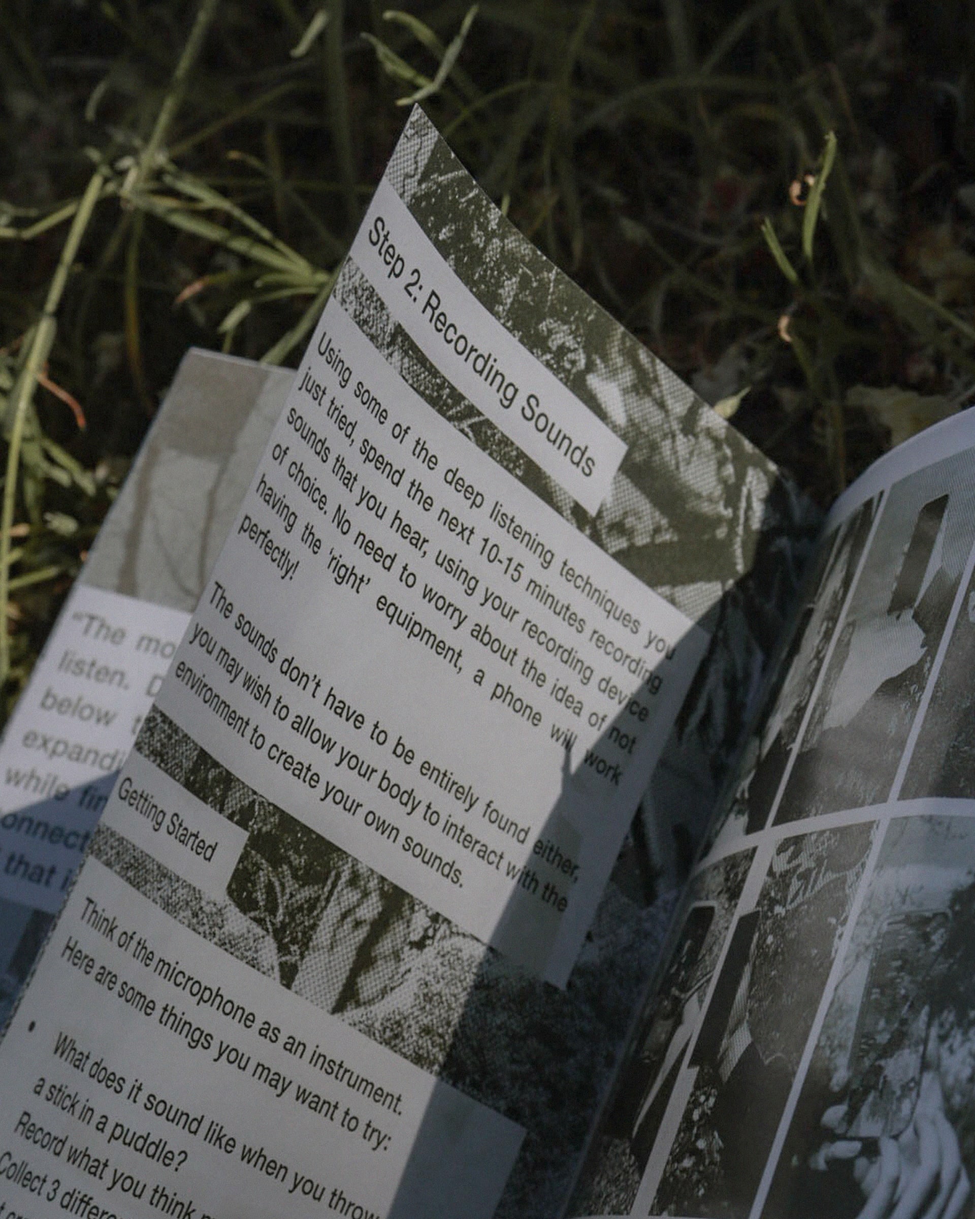 A photograph of a printed zine in some grass, including text about how to record sounds.