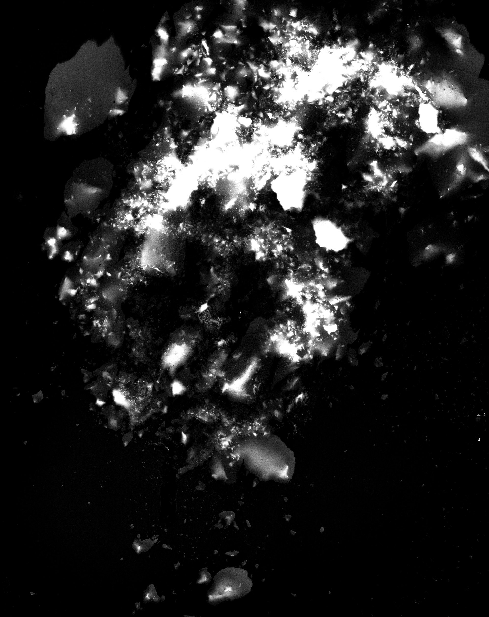 Black and white photogram of chalk being crushed into 5x4 Negative 