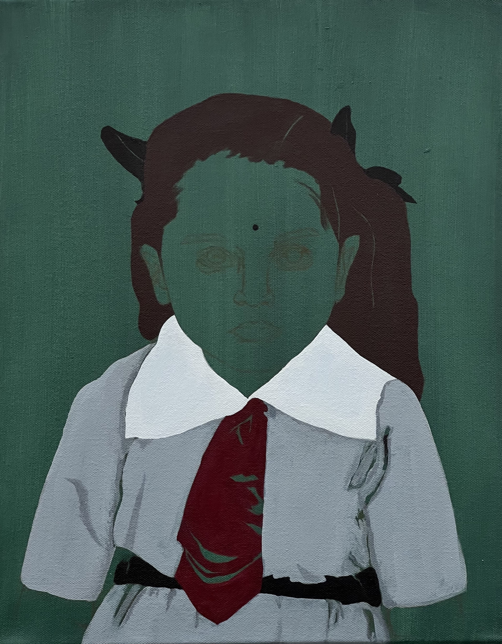 A girl in a school dress painted against a viridian green background 