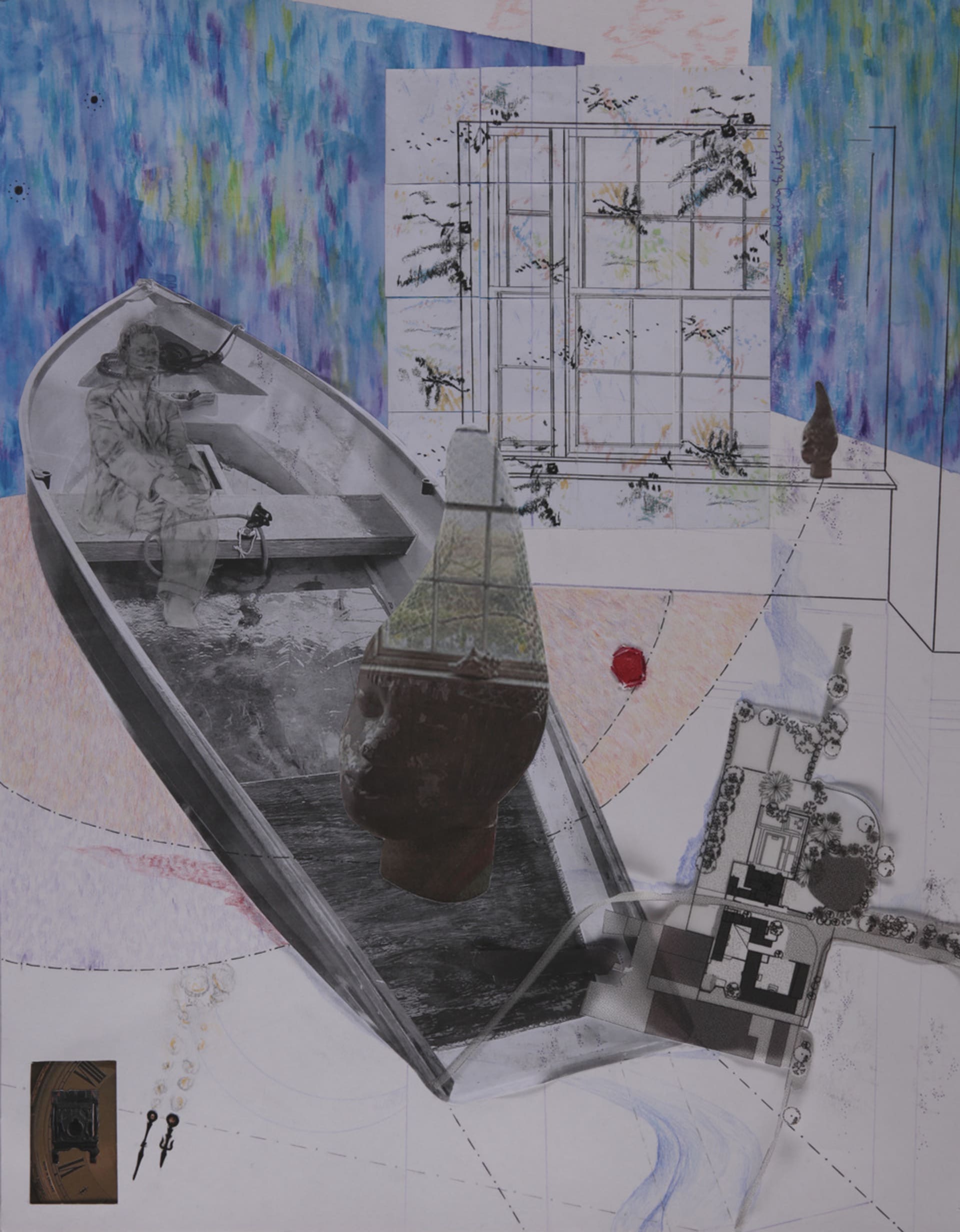 Title: Iyoba's Piece, image of plaster replica head depicting Iyoba Idia, in a boat with window and plan drawing 