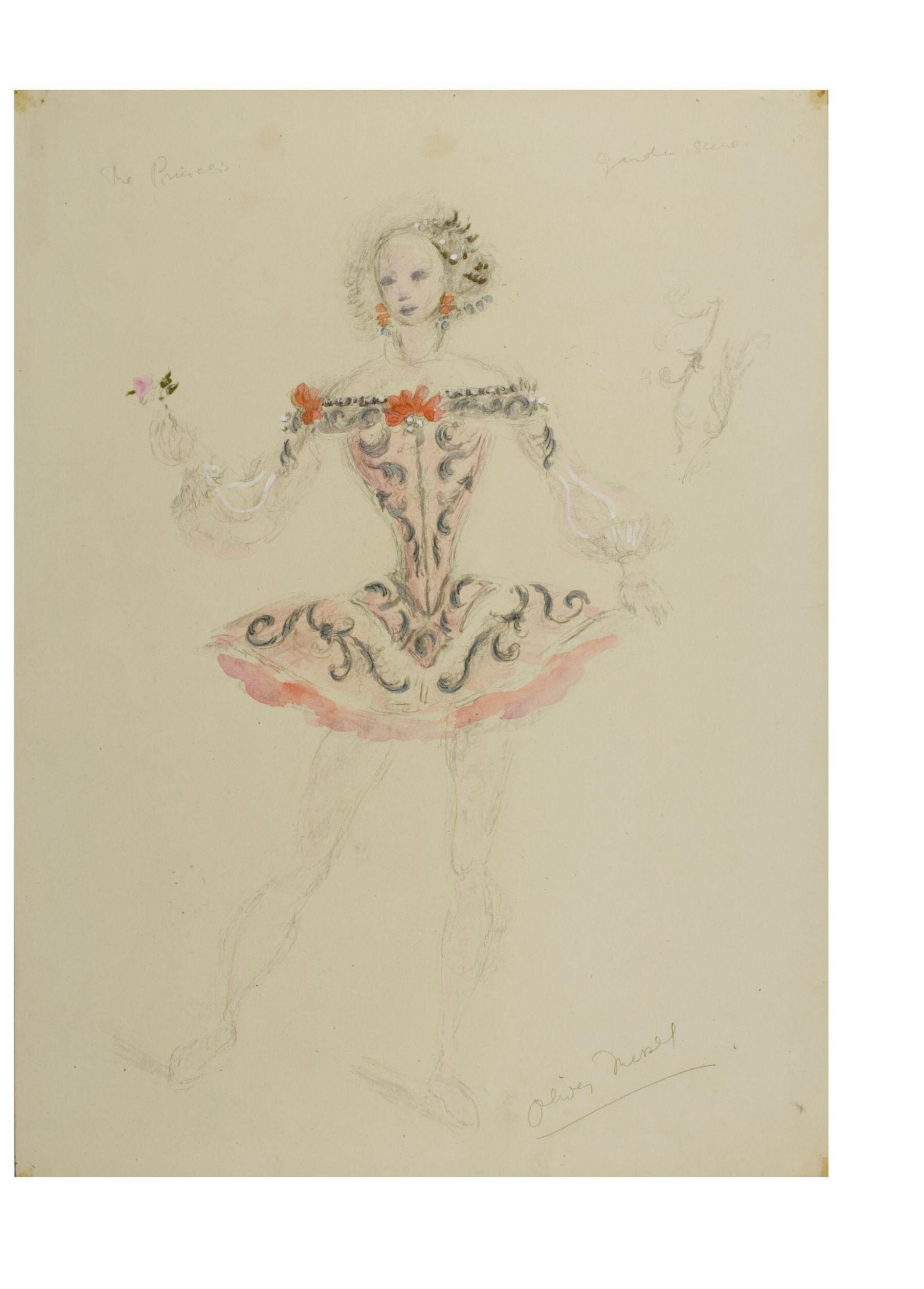 Costume design by Oliver Messel for Princess Aurora in Act I of Marius Petipa's ballet The Sleeping Beauty