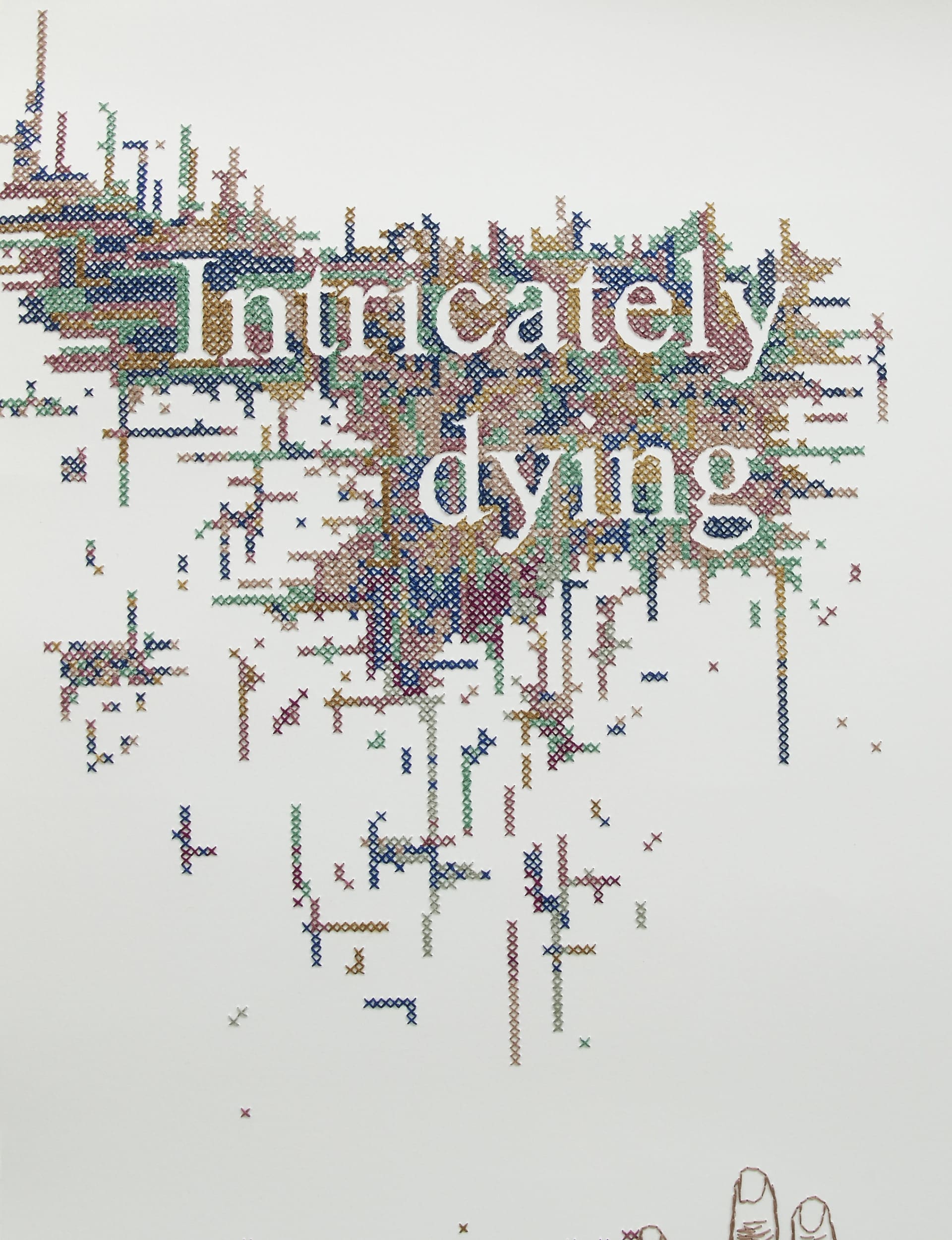 Cross-stitched "intricately dying" depicted by the void of the stitches.