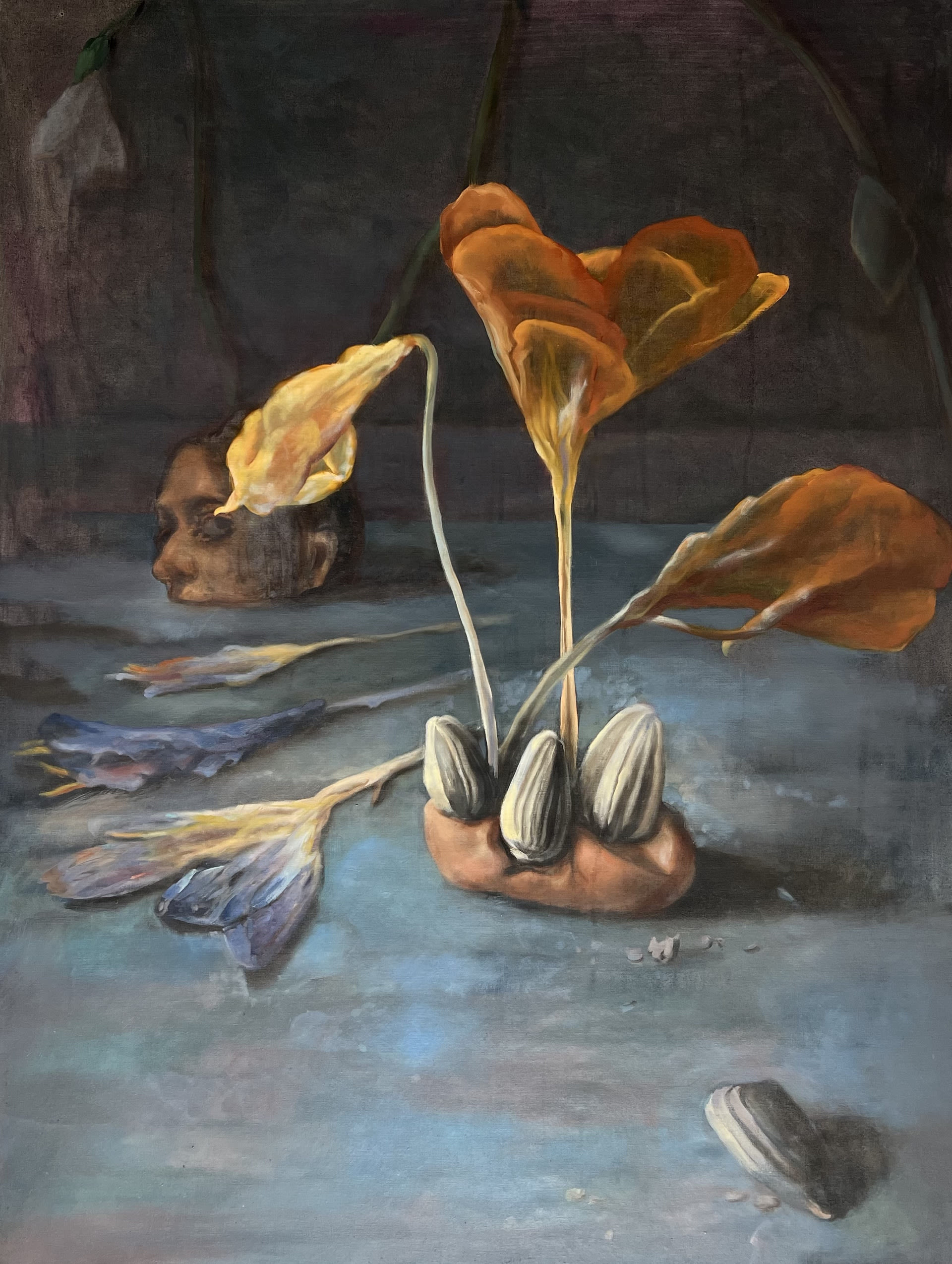 still life with crocuses, sunflower seeds and a female head