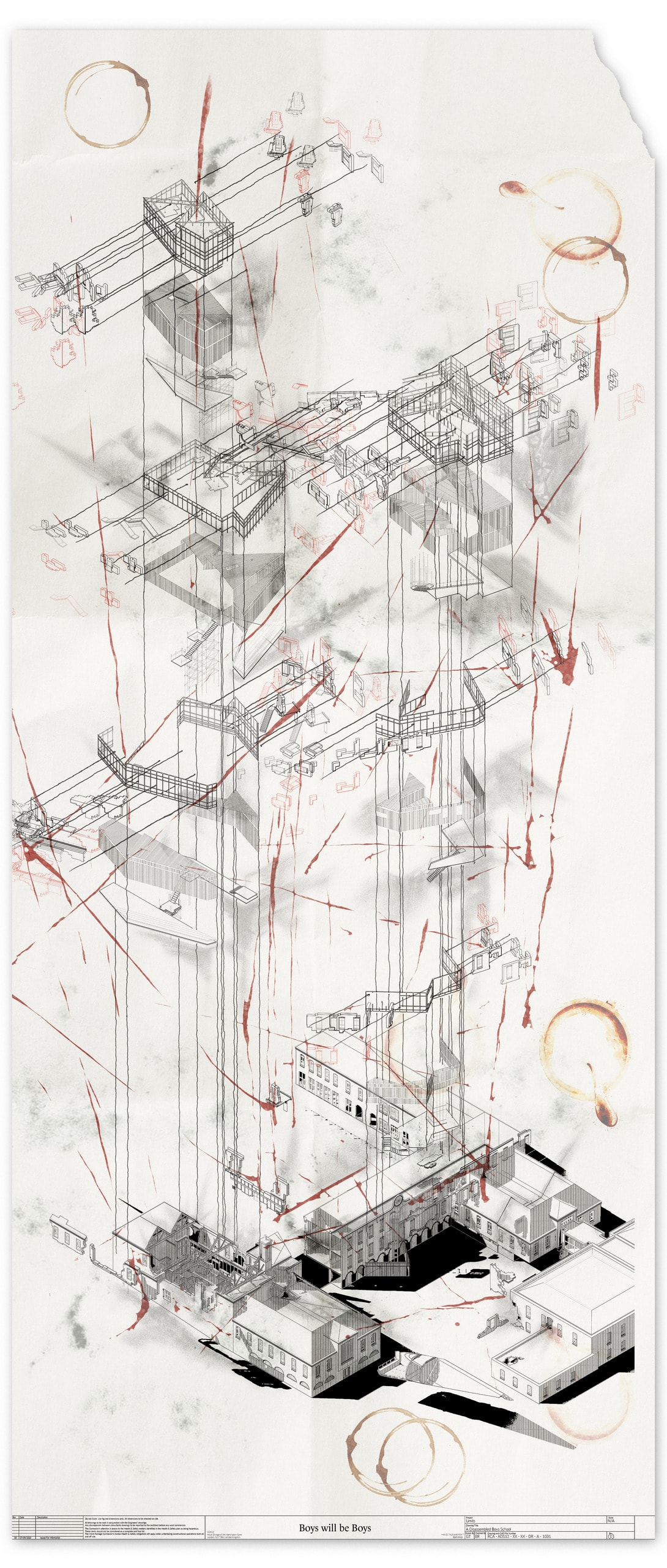 Re-Assembling a School – Axonometric mapping the movement of material as a result of the game and scoring the tensions.