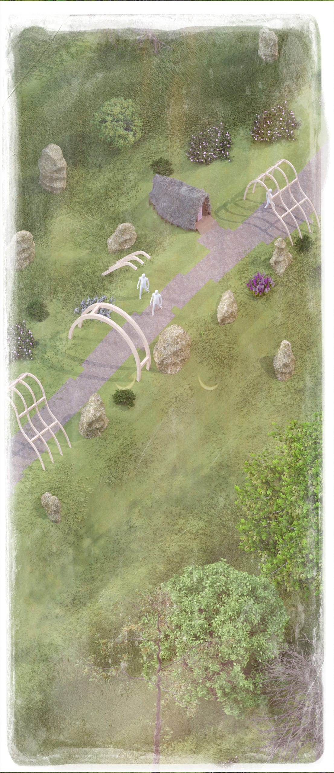 small huts in field render