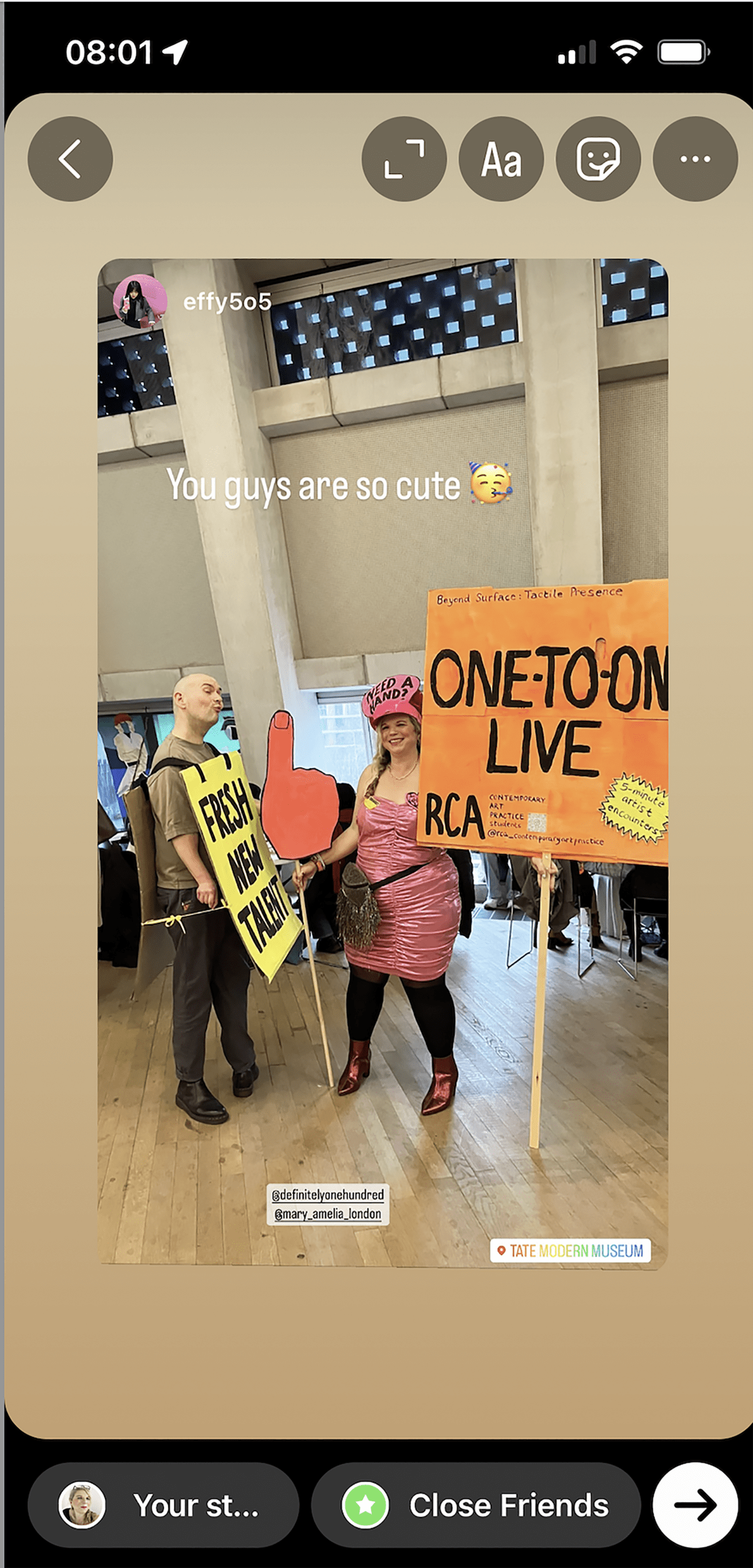 effy5o5 Instagram post showing Mary Amelia London and Dan Mahony at Tate Late with Mary's cardboard signs