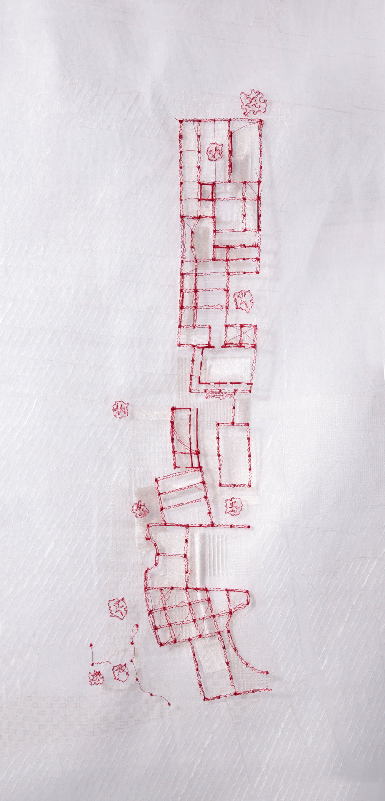 Embroidered plan, red stitching on white cloth