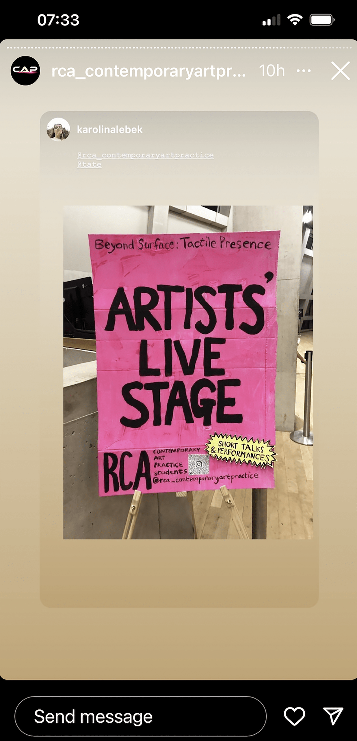 karolinalebek Instagram post showing my sign at Tate Late advertising the Artists' Live Stage