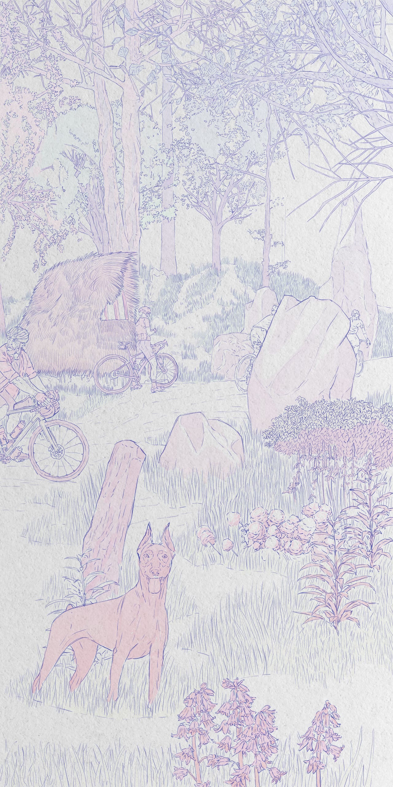  huts hand drawn forest