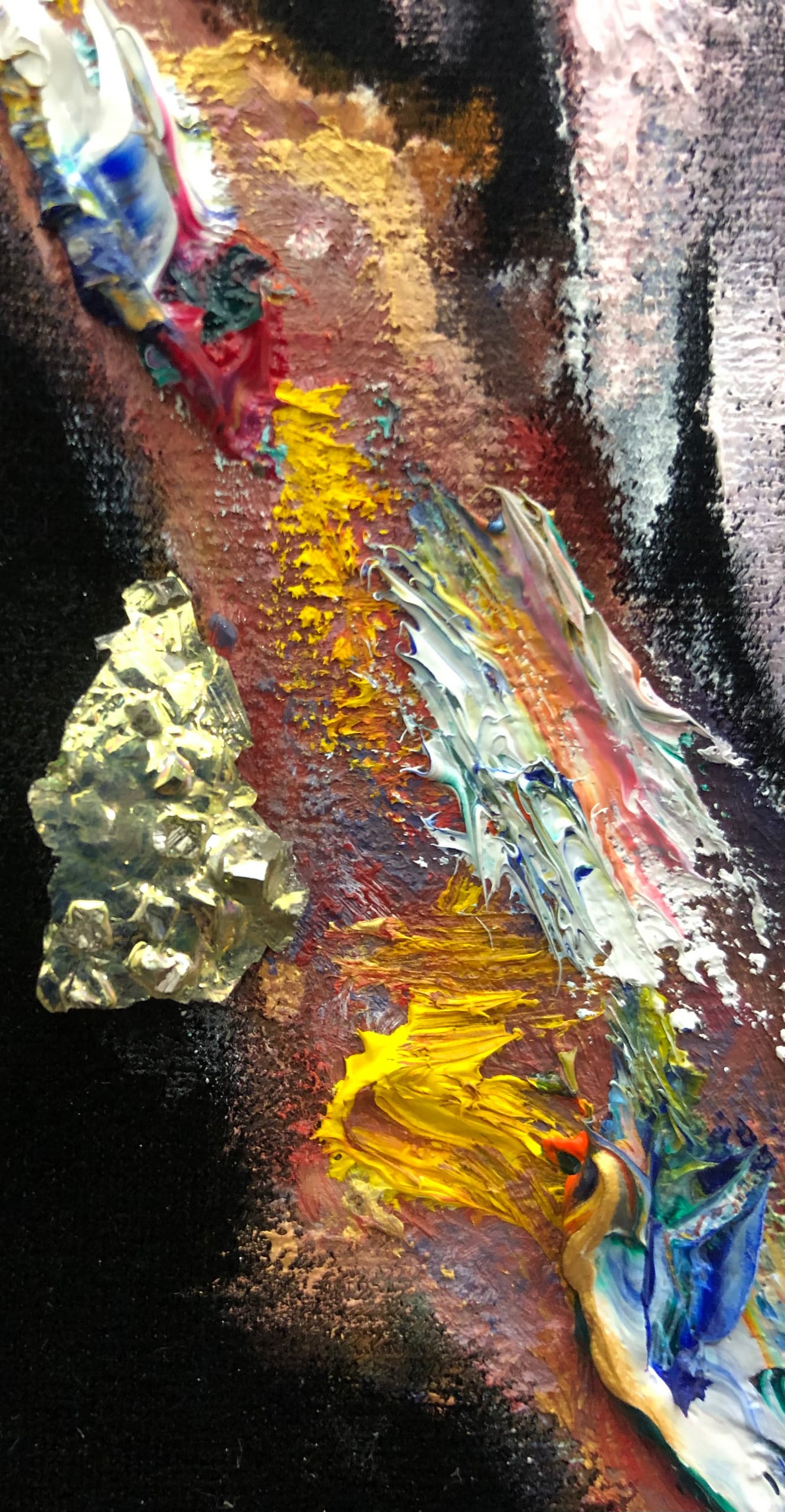 Flays of oil paint and crystal upon black velvet