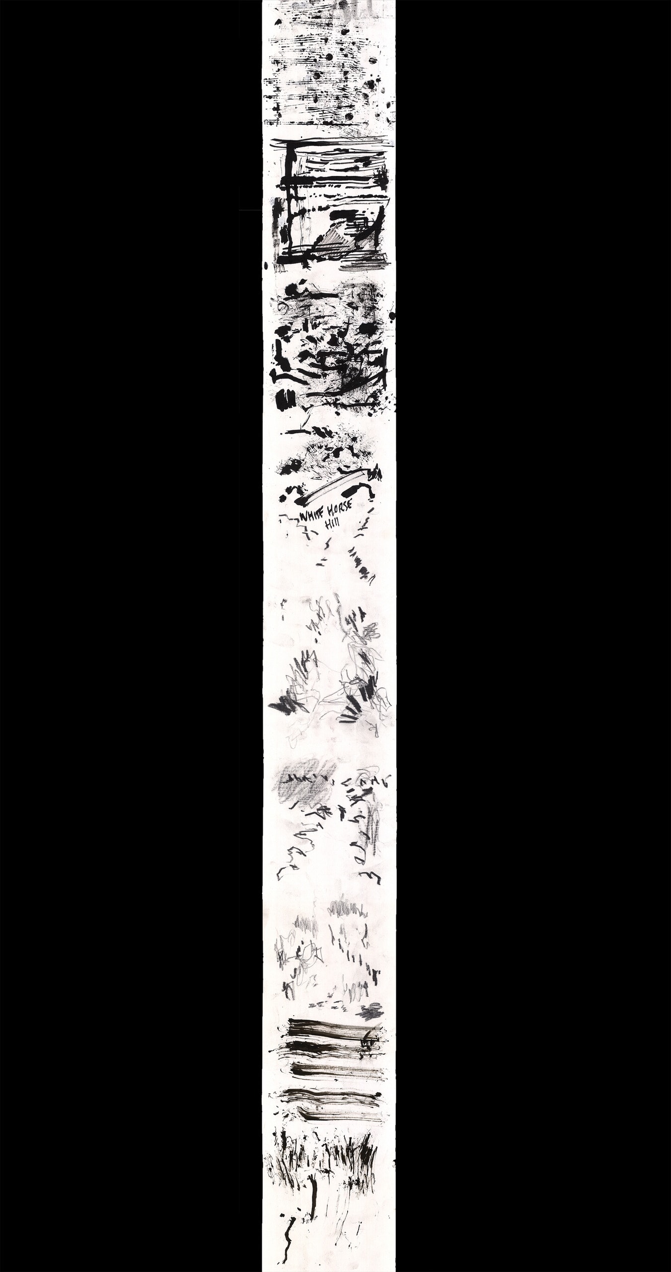 Long Scroll of paper shows expressive black and white drawings and notations